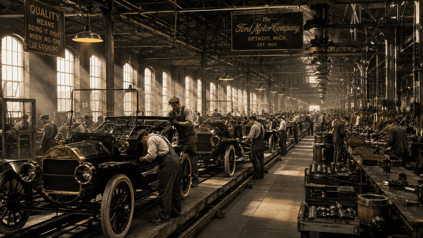 An early 20th century automobile factory floor with workers assembling vehicles along a production line
