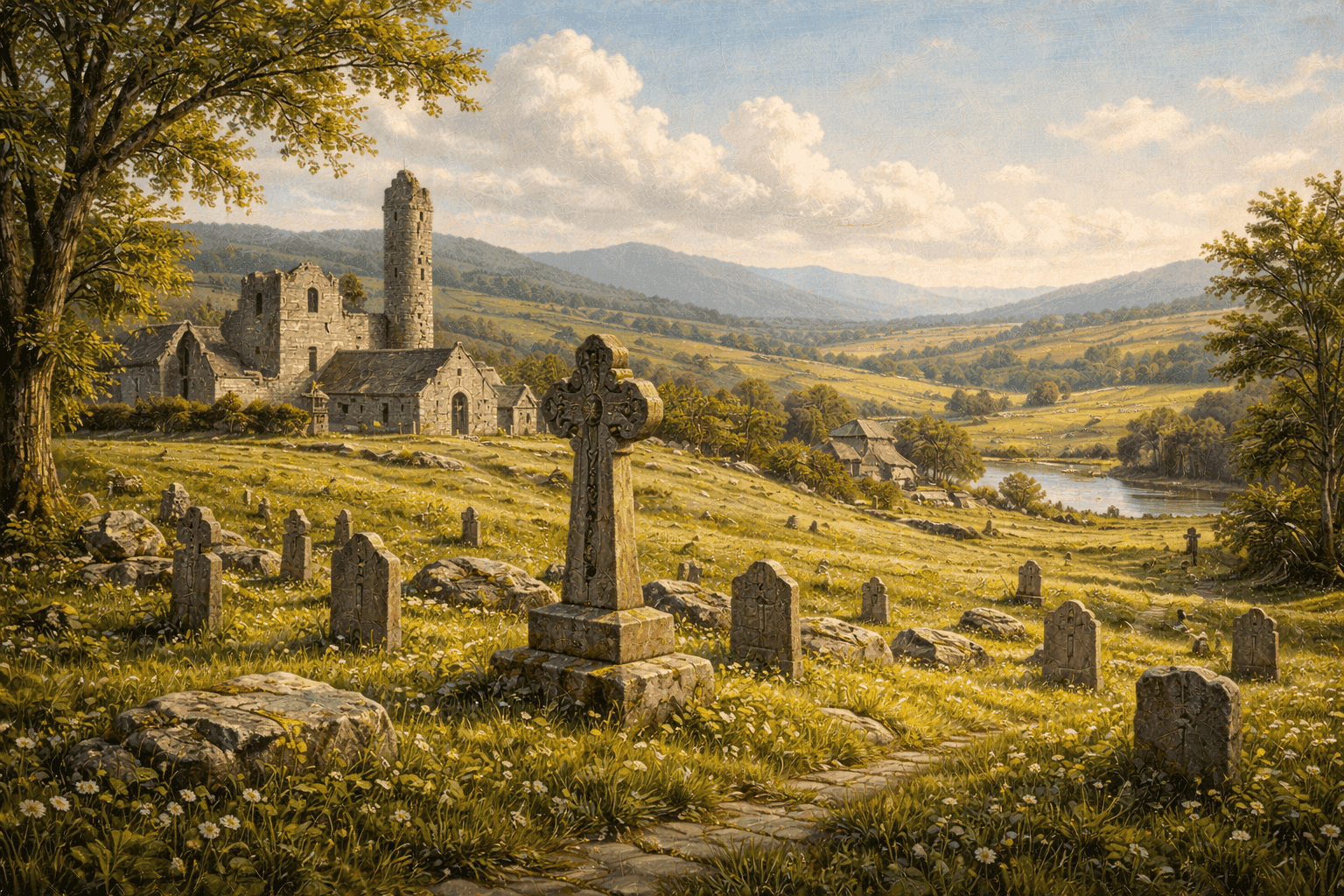 Historical illustration of Irish countryside with rolling green hills and ancient Celtic crosses