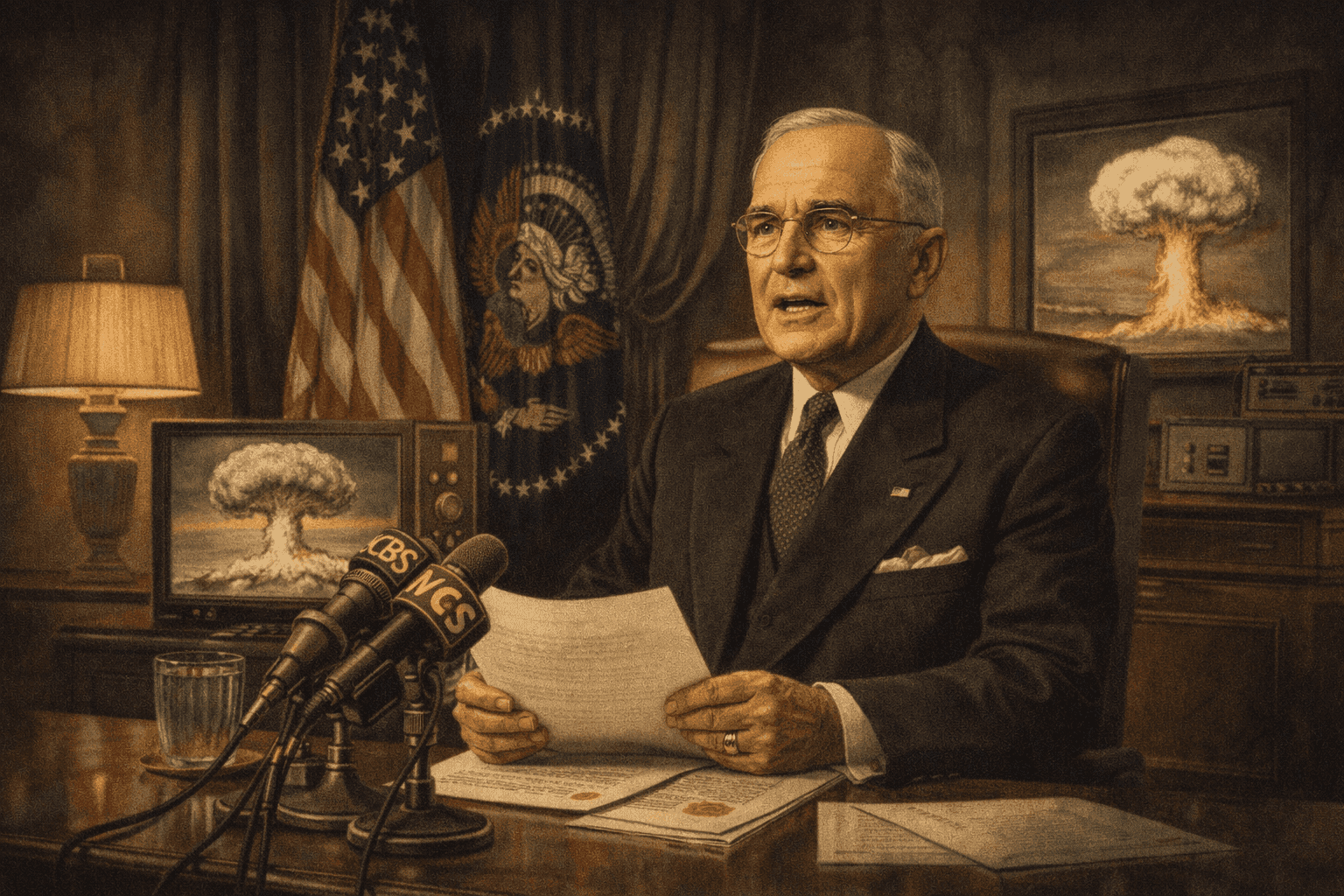 President Harry Truman making the hydrogen bomb announcement in 1953 with nuclear test imagery symbolically present and Cold War atmosphere