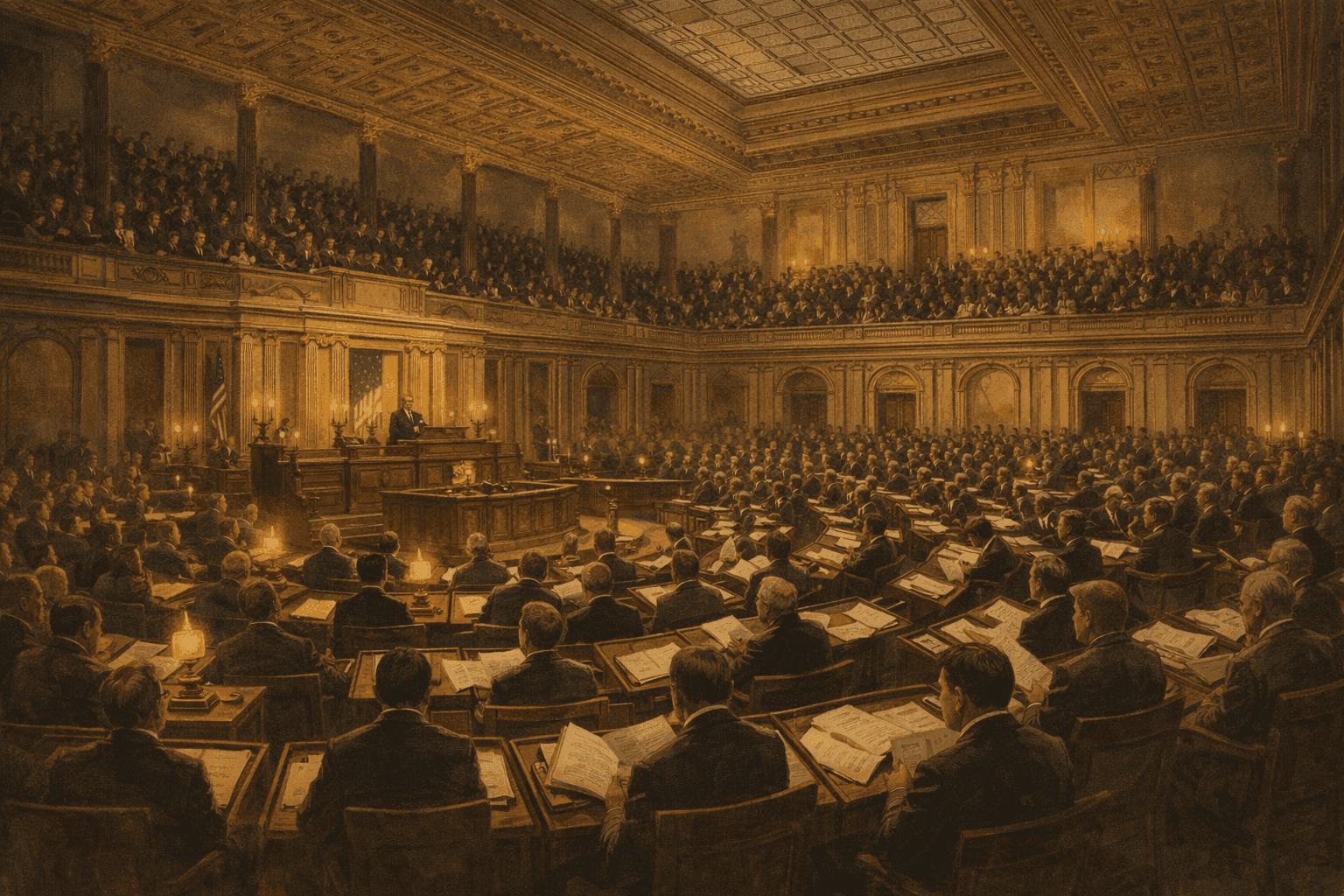 The ornate interior of the U.S. House of Representatives chamber during a Reconstruction-era congressional session in 1871