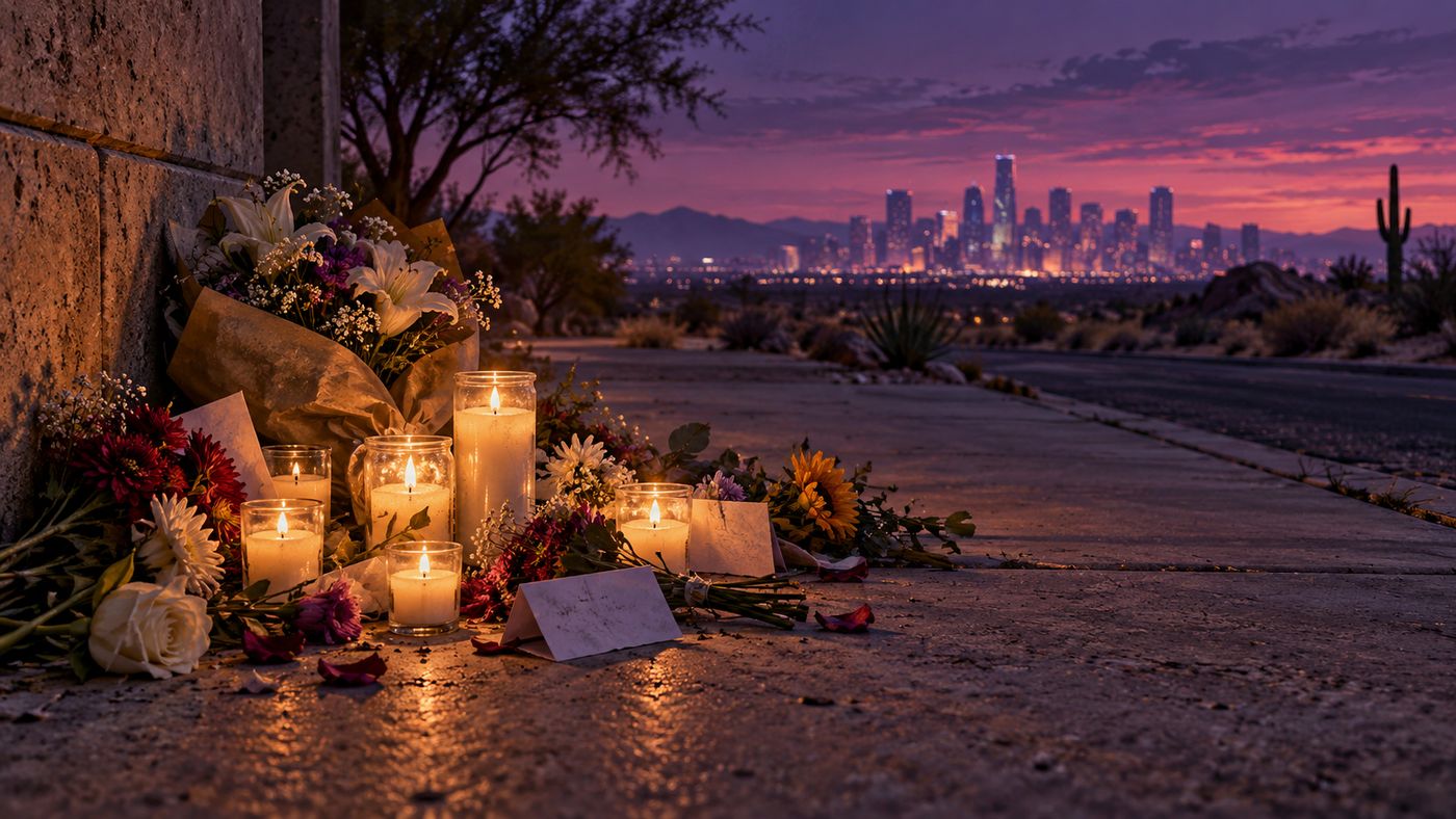 A candlelit memorial scene evoking remembrance of a musical icon, with a Las Vegas skyline silhouette in the distance