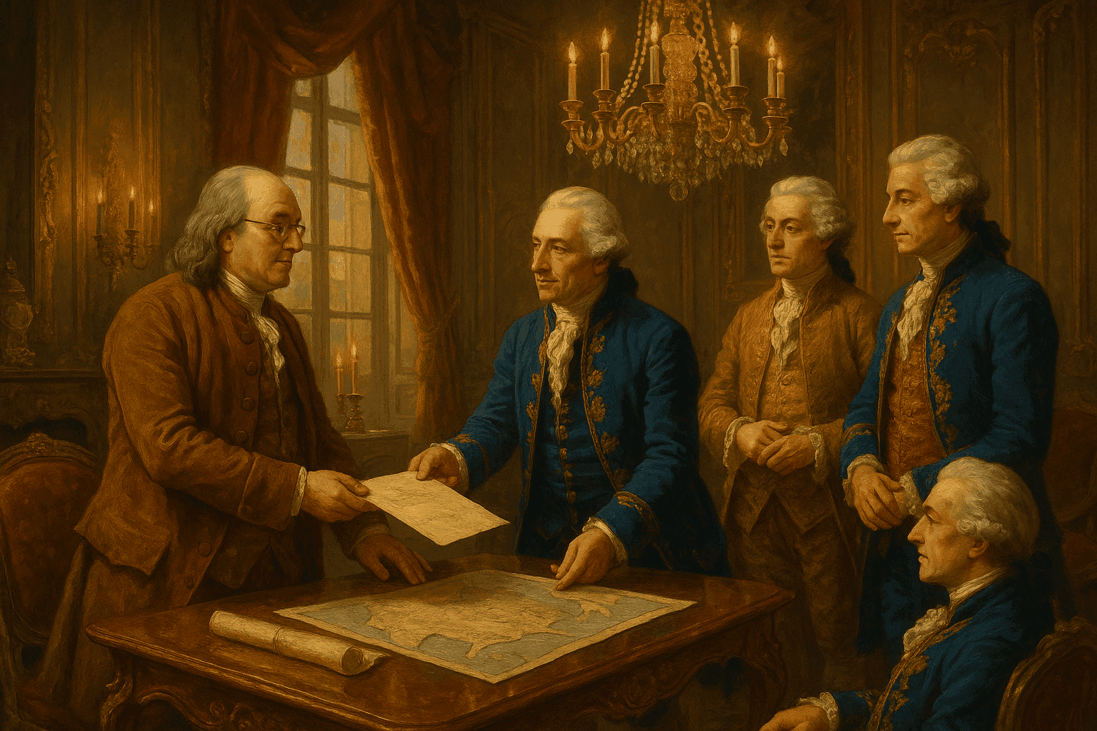 Benjamin Franklin meeting with French officials in an elegant Parisian salon, with documents being signed symbolizing French recognition of American independence