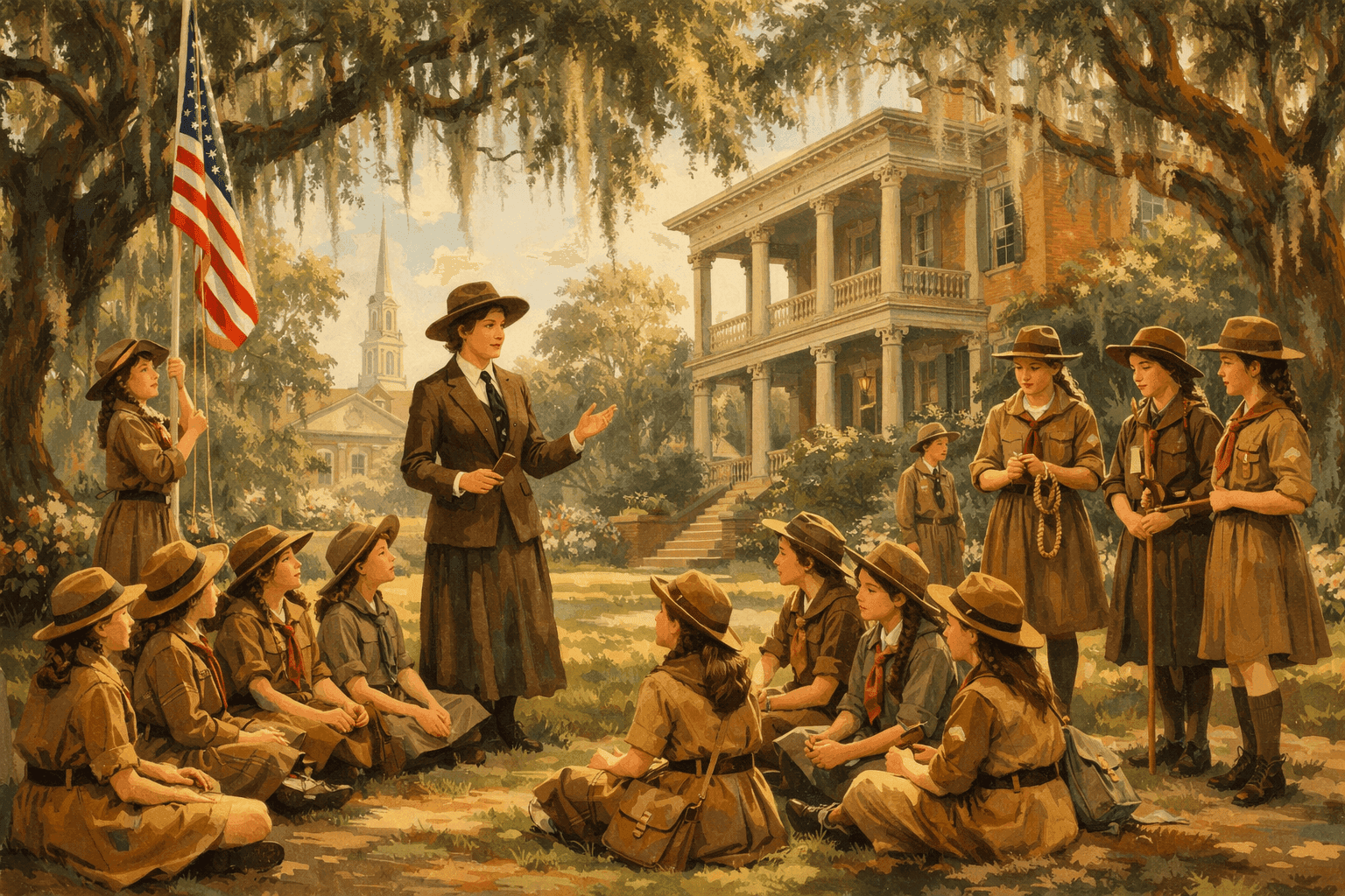 Historical illustration of early 1900s Savannah with young girls in Scout uniforms and Southern architecture