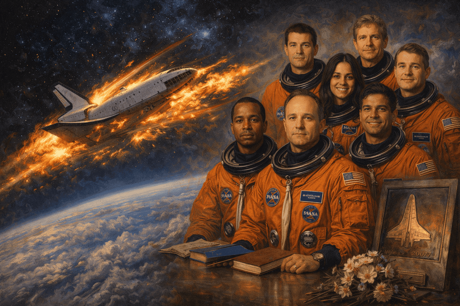 Space Shuttle Columbia during reentry with crew members' portraits visible in a memorial composition