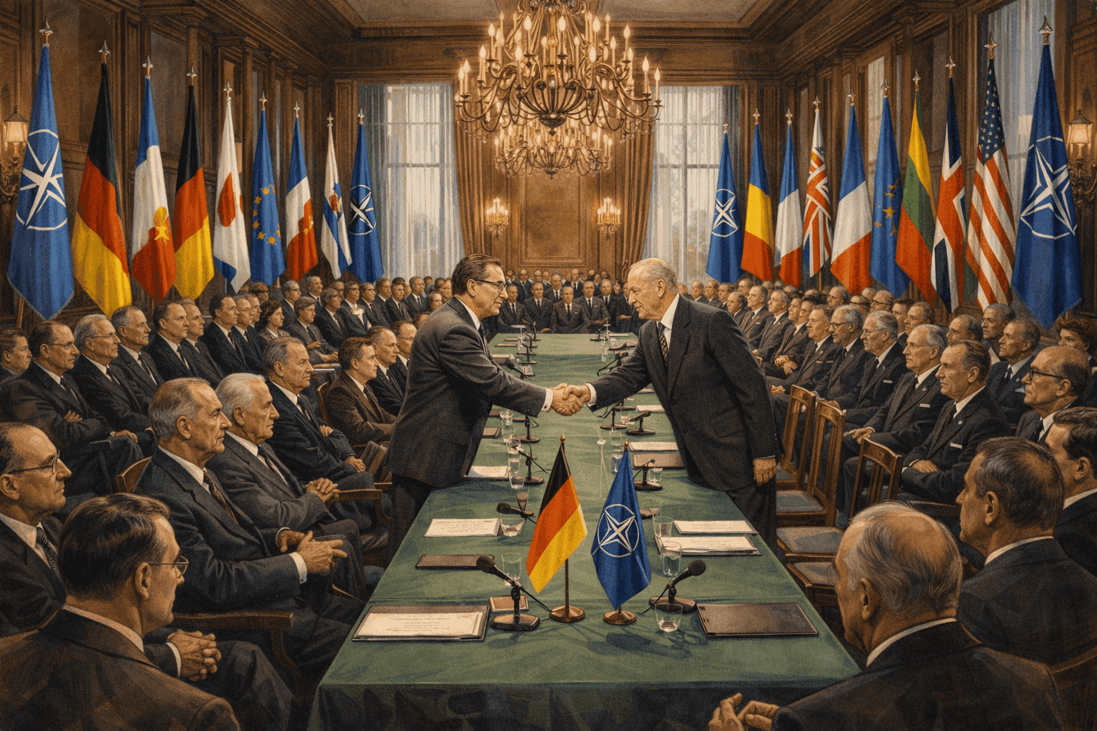 A formal diplomatic ceremony with NATO and West German flags flanking a signing table with suited officials in 1955