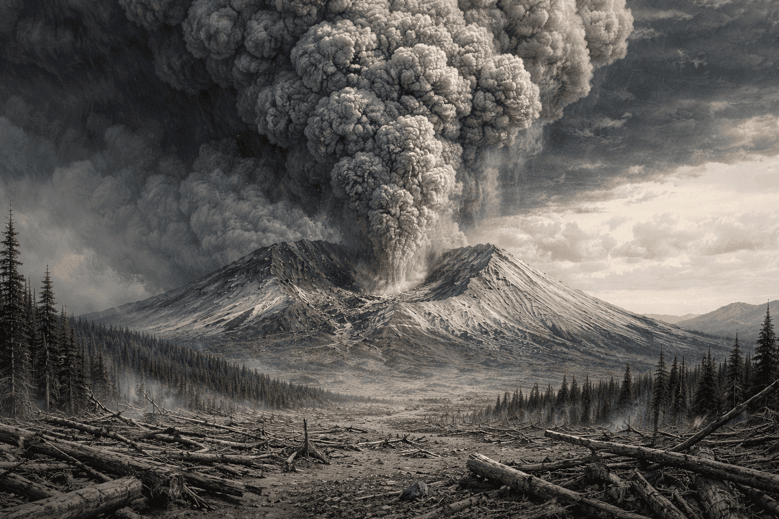 Mount St. Helens erupting with a massive ash column rising above the devastated landscape in May 1980