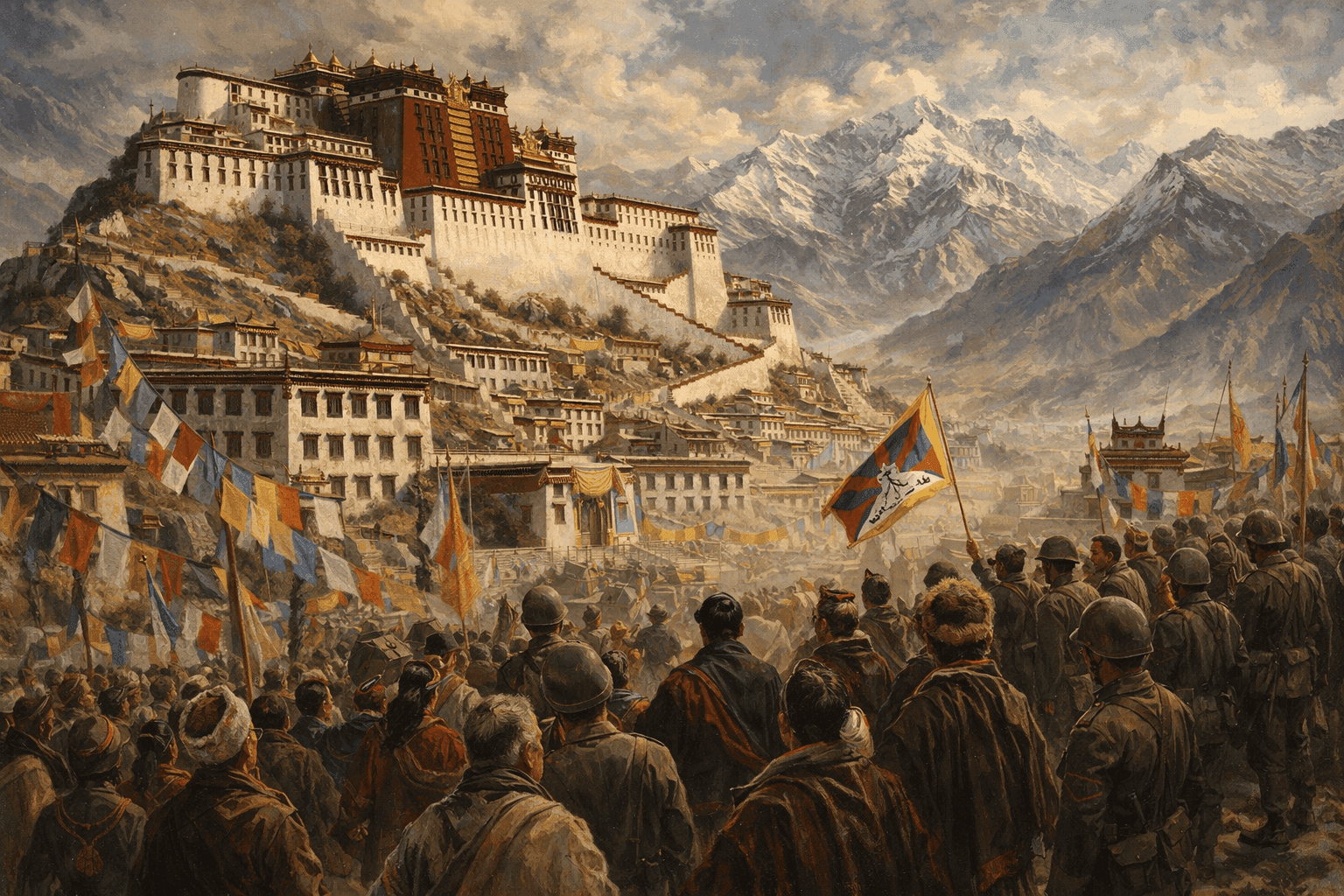 Historical illustration of 1950s Lhasa with Potala Palace and dramatic Himalayan mountain backdrop