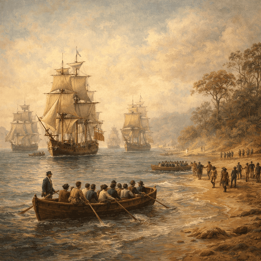 Ships of the First Fleet anchored in Botany Bay with sailors and convicts disembarking onto Australian shores