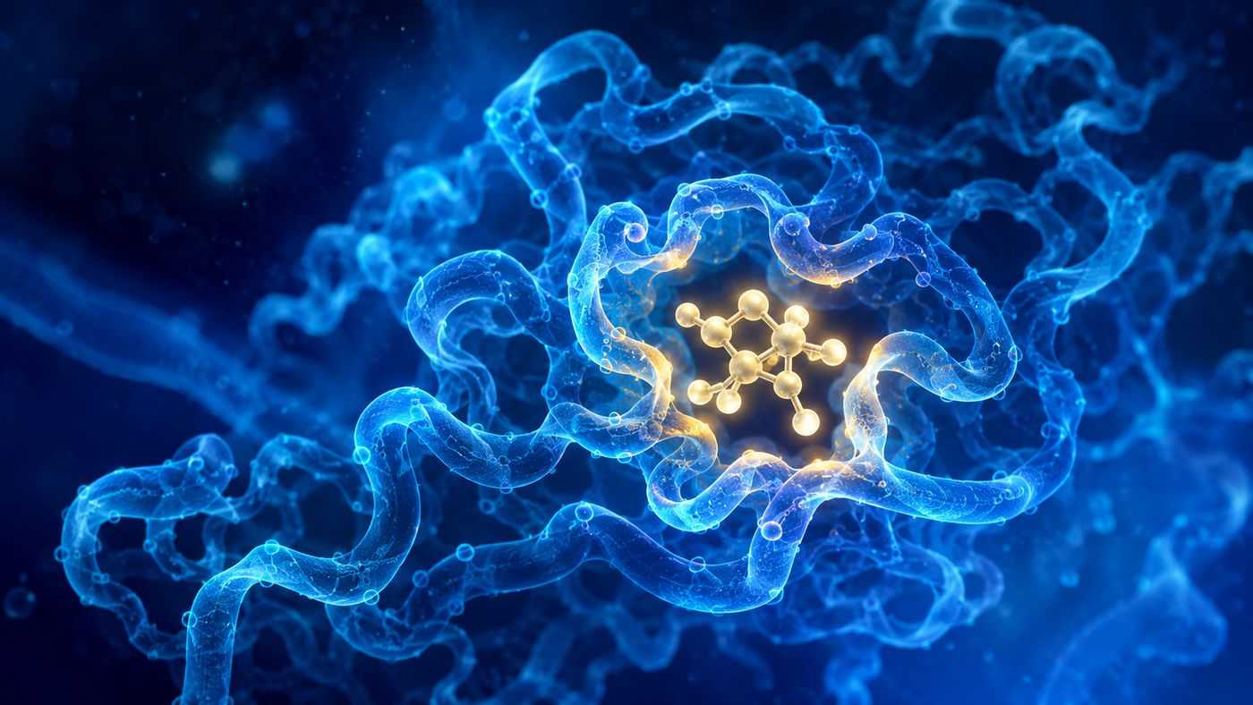 Scientific illustration of a molecule binding to and blocking a cancer-driving protein