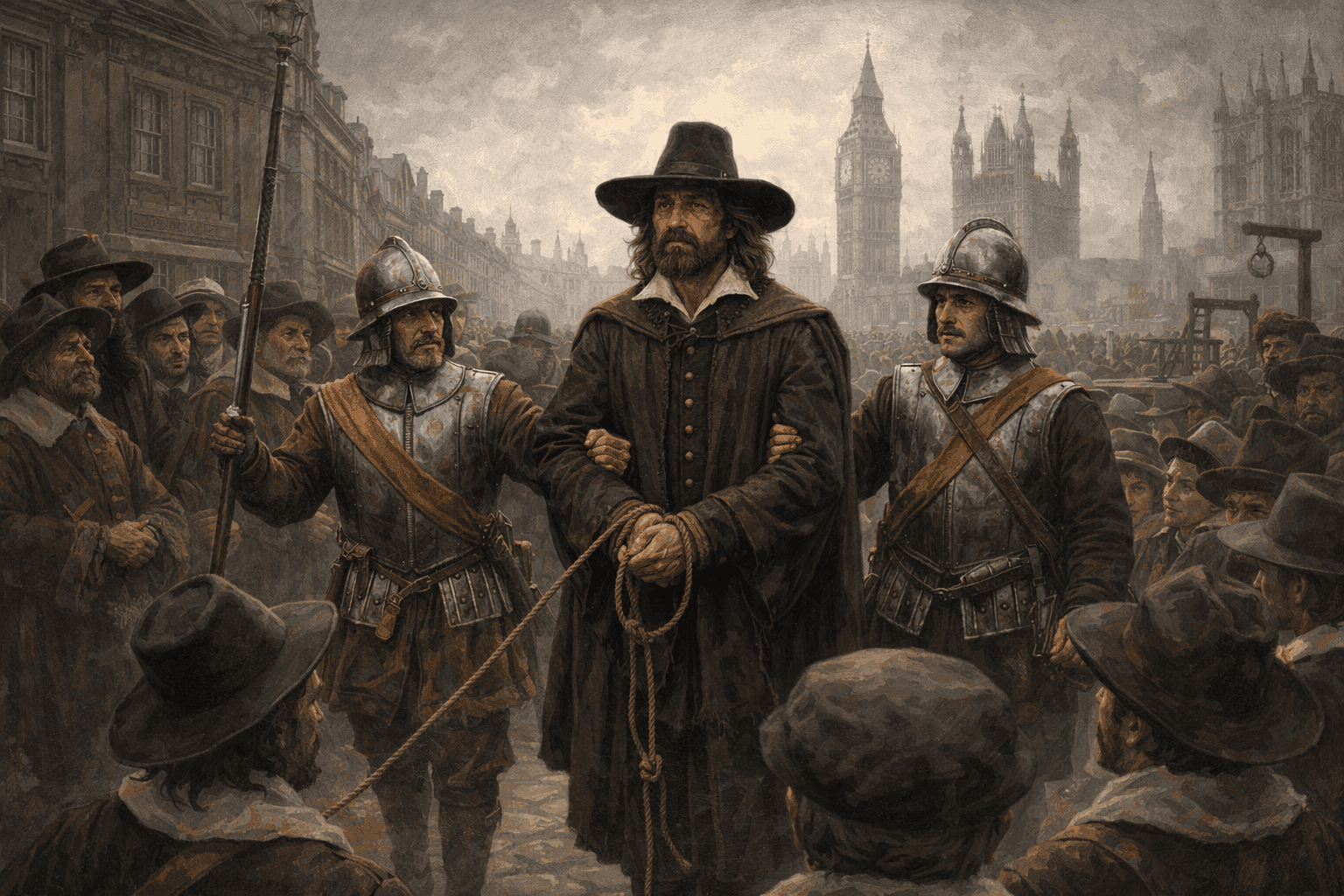 Guy Fawkes being led to execution at the Old Palace Yard with the Houses of Parliament visible in the background