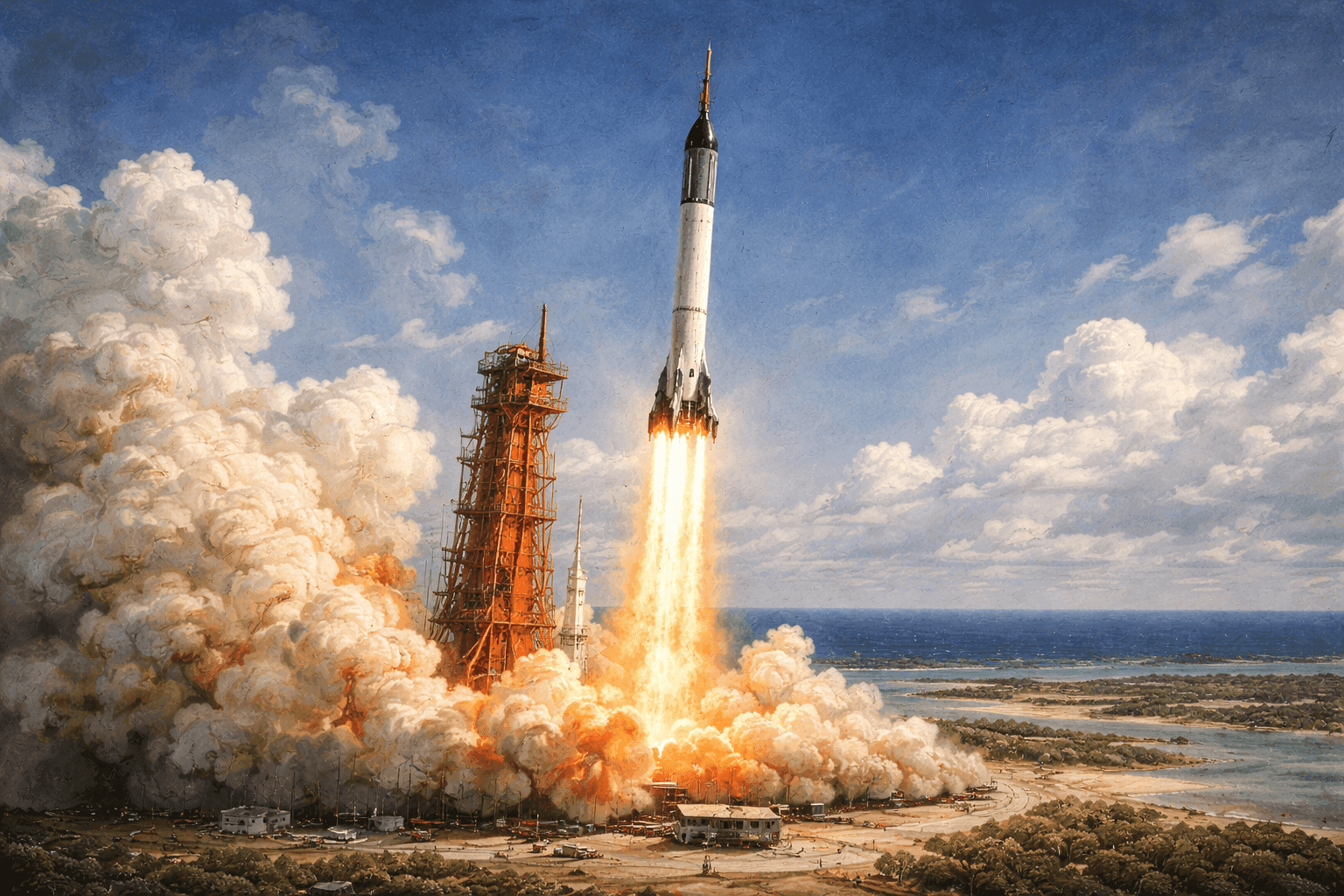 A Mercury Redstone rocket lifting off from Cape Canaveral in a cloud of smoke and flame against a clear Florida sky