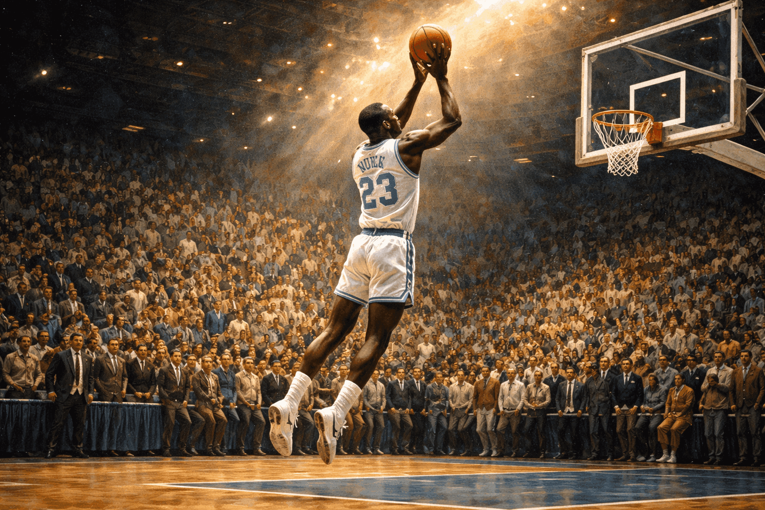 A young college basketball player releases a jump shot in a packed arena under bright championship lights