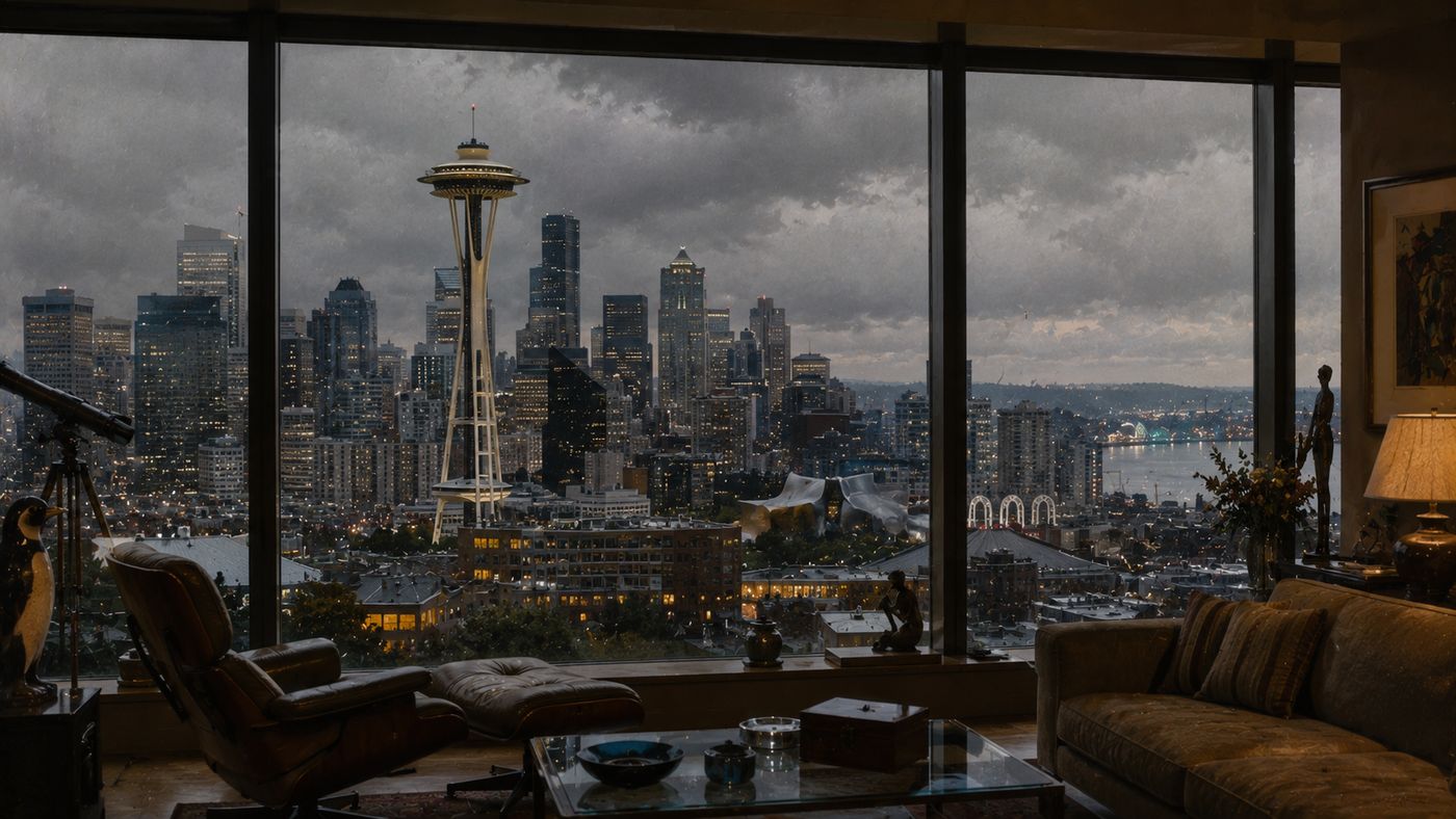 The Seattle skyline visible through large apartment windows, the Space Needle prominent against a cloudy Pacific Northwest sky, the setting for a sophisticated 1990s television comedy