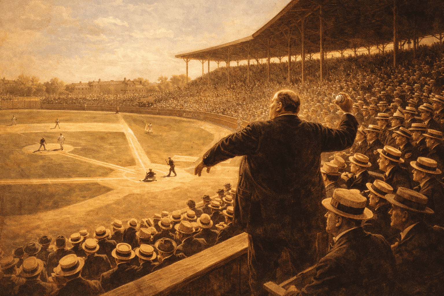 A stout Edwardian-era president in a dark suit winding up to throw a baseball at a packed early 20th century ballpark