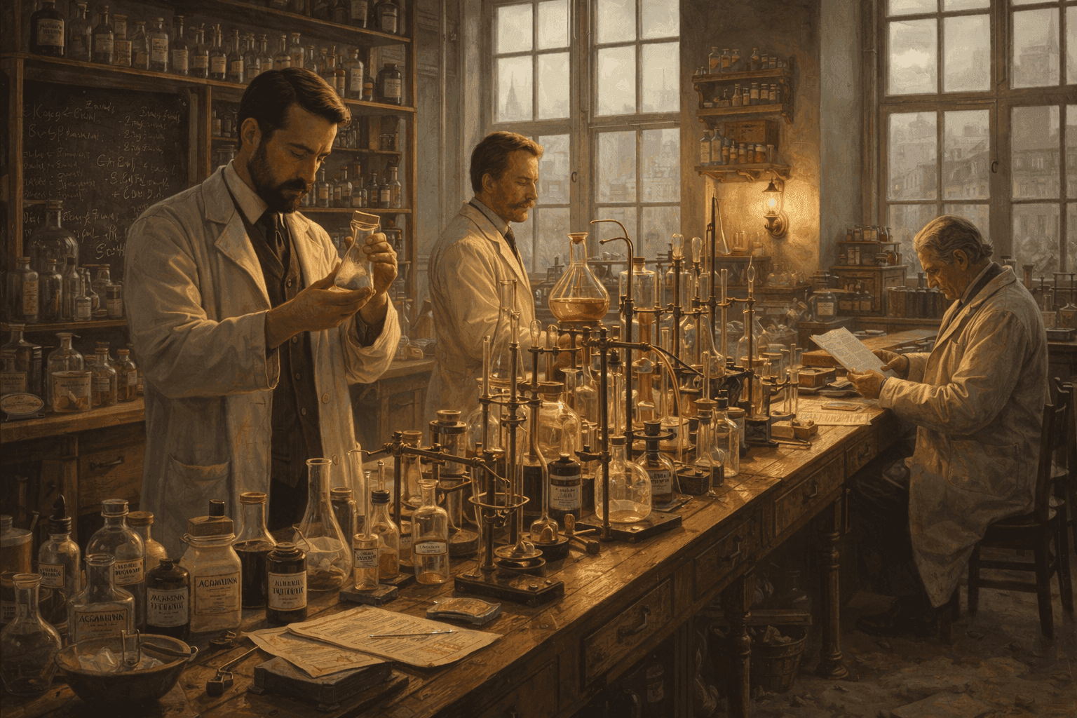 Historical illustration of late 19th century German pharmaceutical laboratory with chemistry equipment and scientific atmosphere