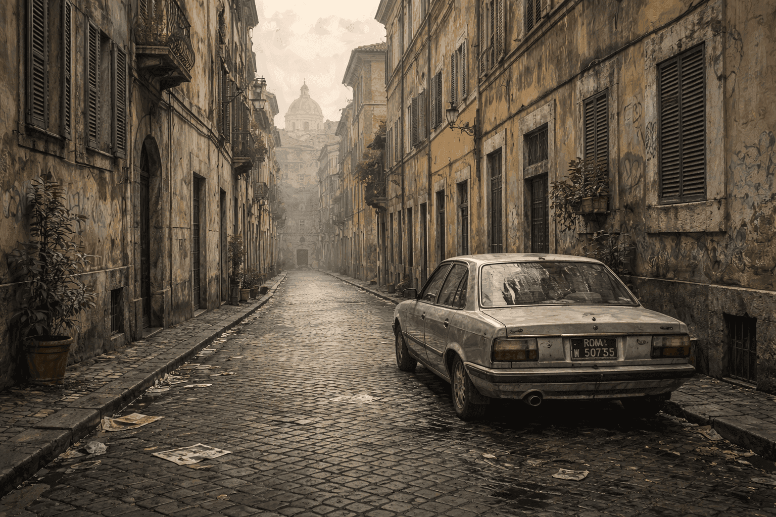 A narrow cobblestone street in Rome lined with shuttered apartment facades and a single parked car on a gray morning