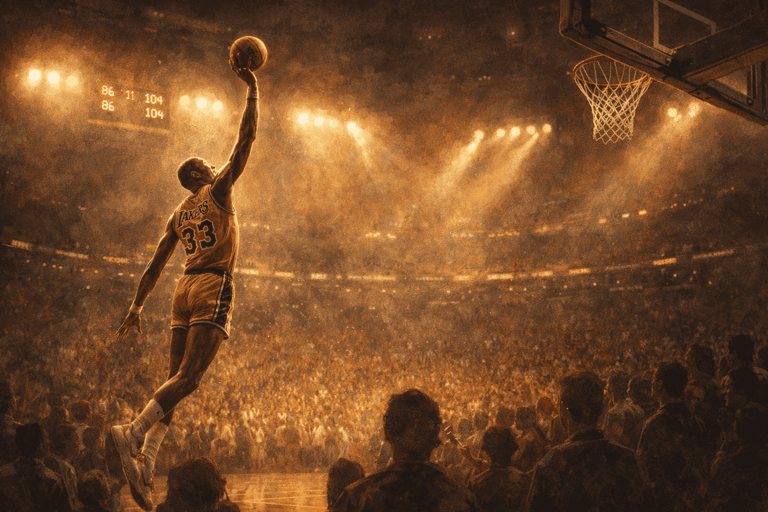 A tall basketball player releasing a graceful sky hook shot in a packed arena with the crowd on its feet