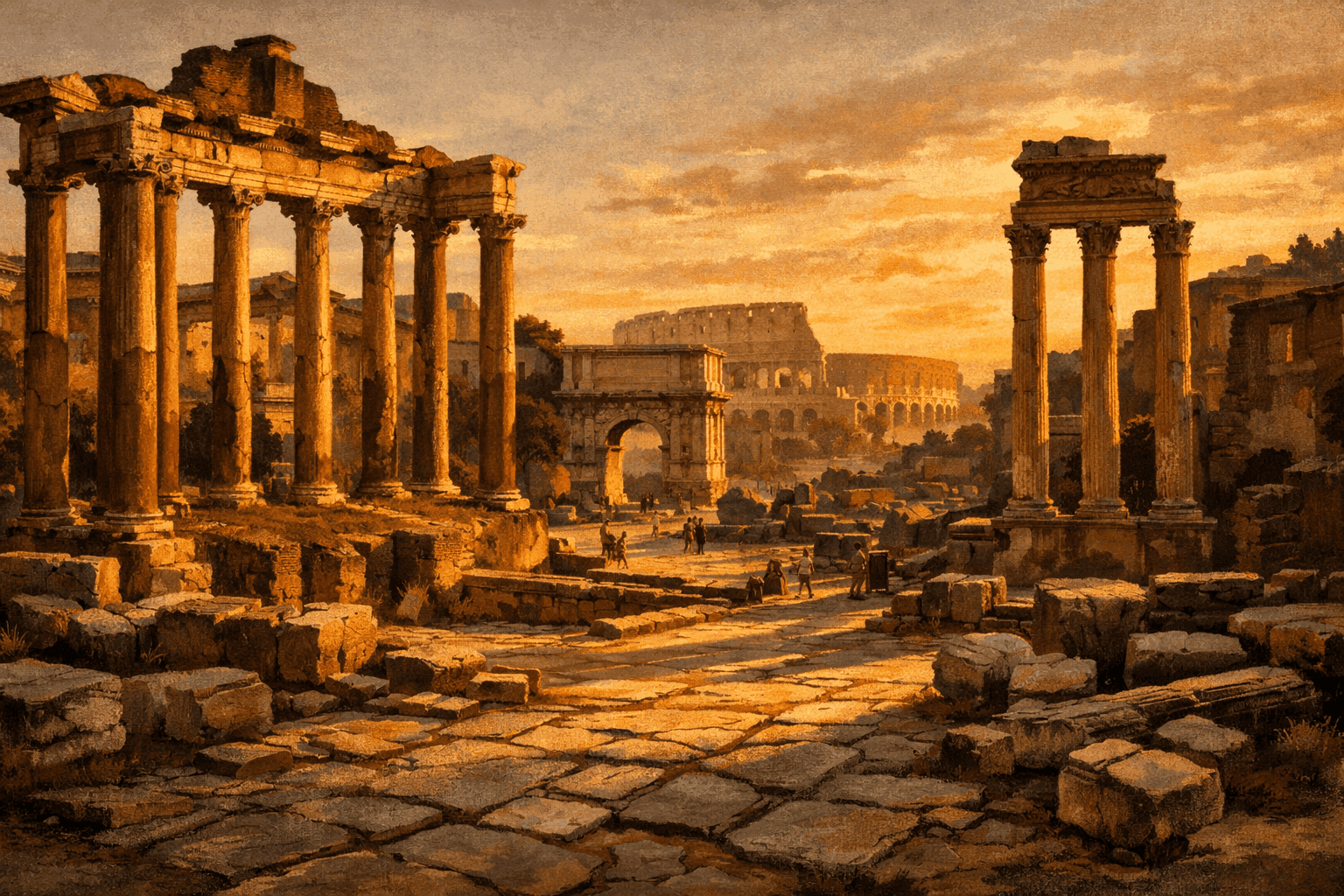 The ancient Roman Forum at golden hour with the Colosseum visible in the distance and the ruins of temples in the foreground