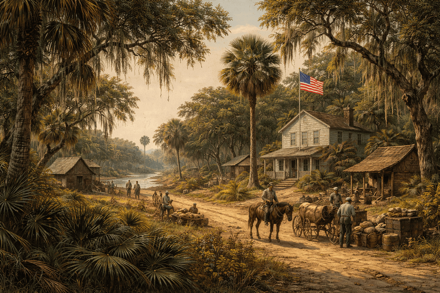 Historical illustration of 1840s Florida landscape with palmetto trees and frontier settlement