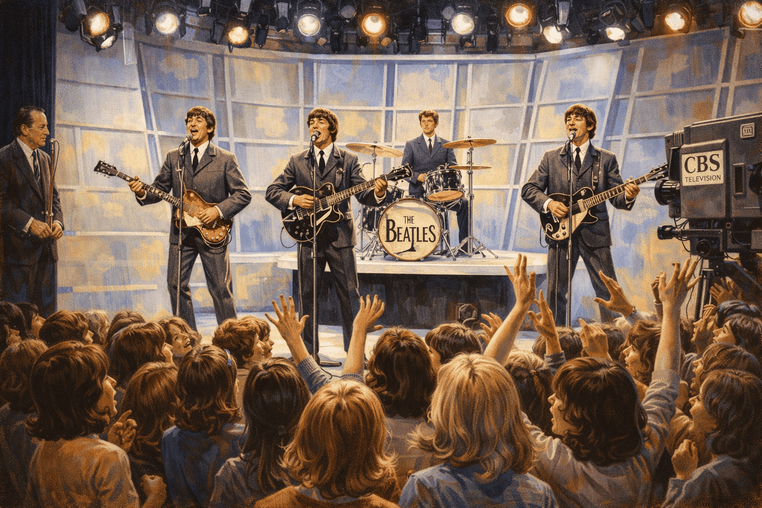 The Beatles performing on The Ed Sullivan Show stage in 1964 with screaming audience visible