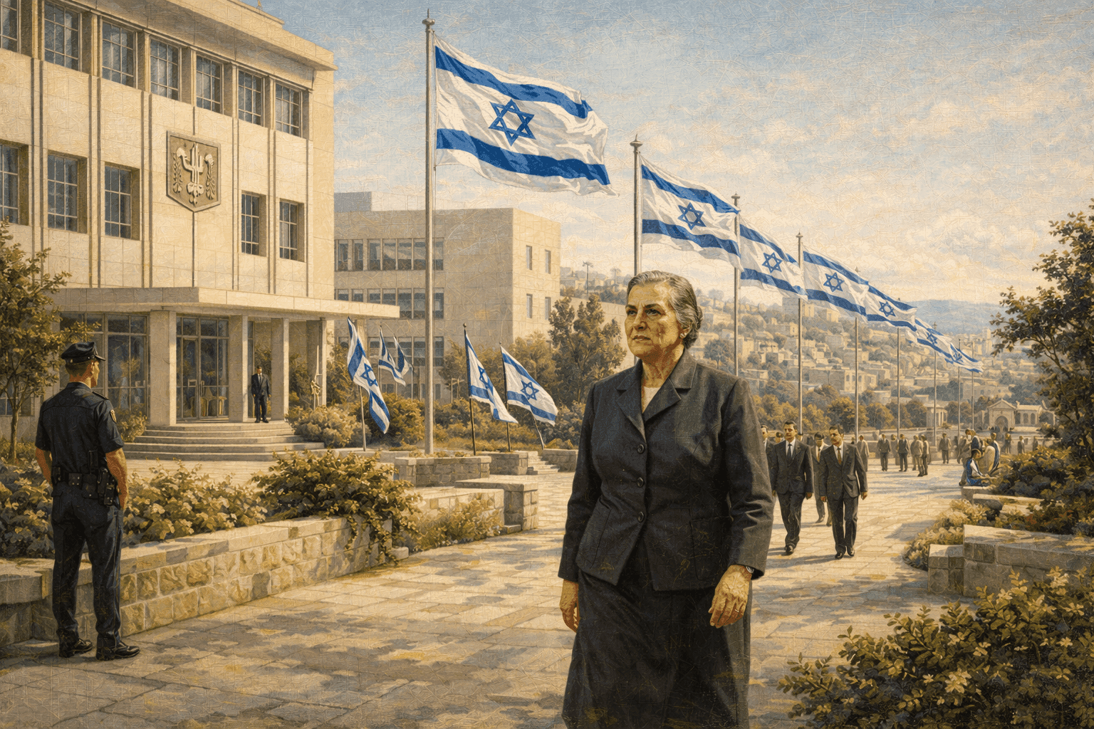 Historical illustration of 1960s Israeli government building with modernist architecture