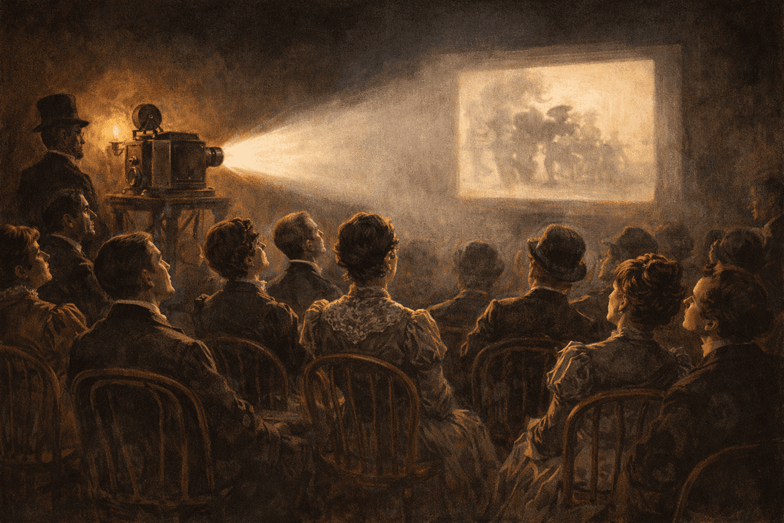The interior of an 1890s nickelodeon or early movie theater with rows of wooden seats facing a bright projected screen