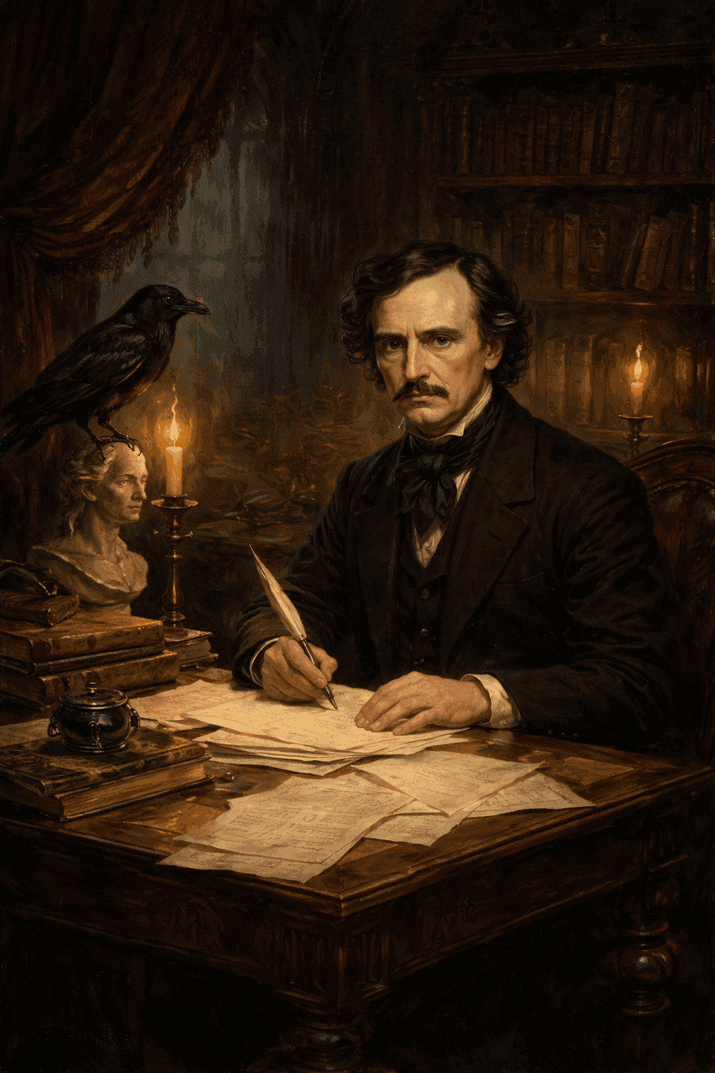 Edgar Allan Poe writing by candlelight at a desk with a raven perched nearby in a Gothic study