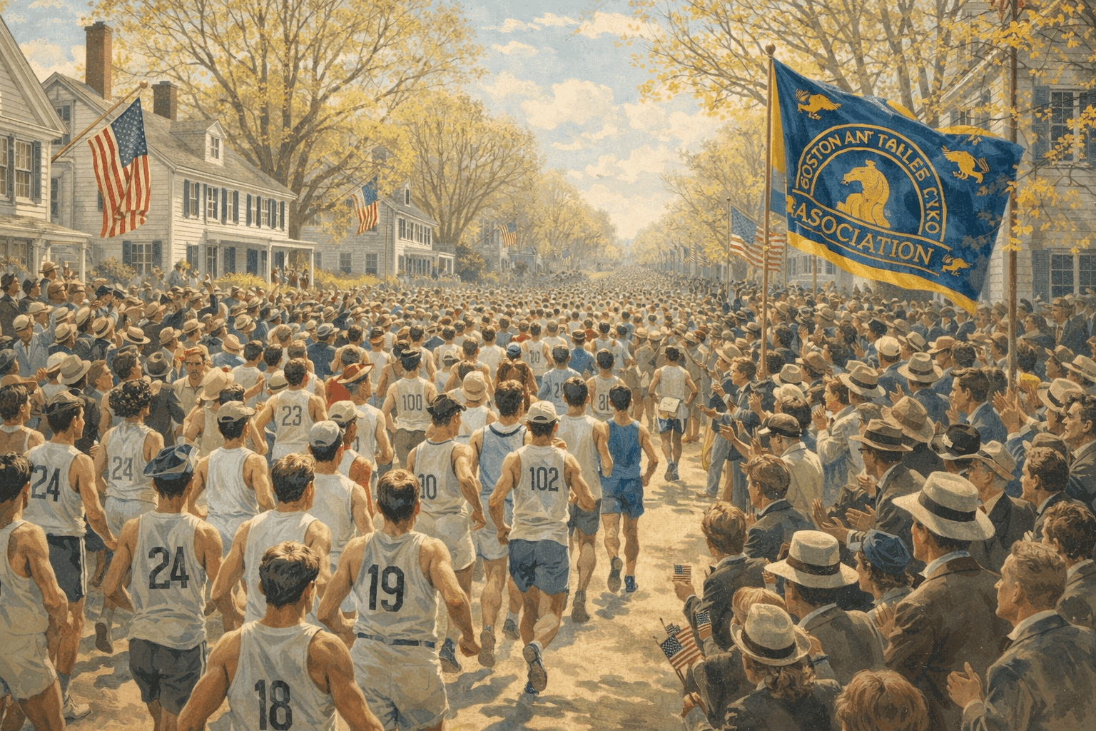 A large field of marathon runners streaming through a New England town on a bright spring morning with spectators lining the road