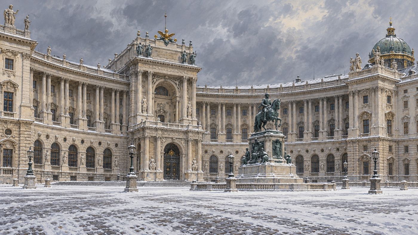 A painterly illustration of the Hofburg Palace in Vienna — the grand imperial facade facing a wide ceremonial square, the Habsburg imperial flags visible above, the architecture of European dynastic power rendered in pale stone under a winter sky