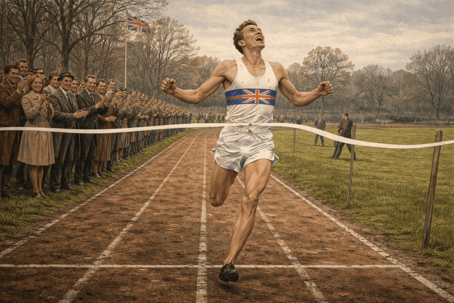 A lone runner breaking the tape at the finish line of a 1950s track meet at Oxford University with a modest crowd looking on
