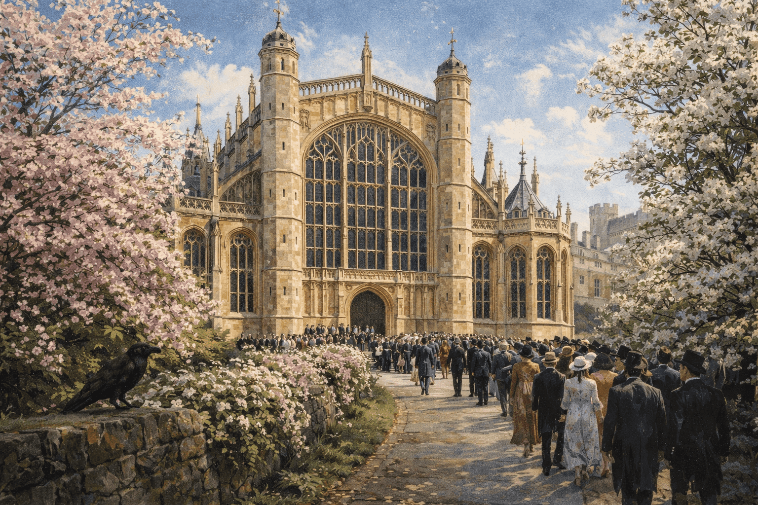The stone exterior of St. George's Chapel at Windsor Castle on a sunny spring day with flowering trees alongside
