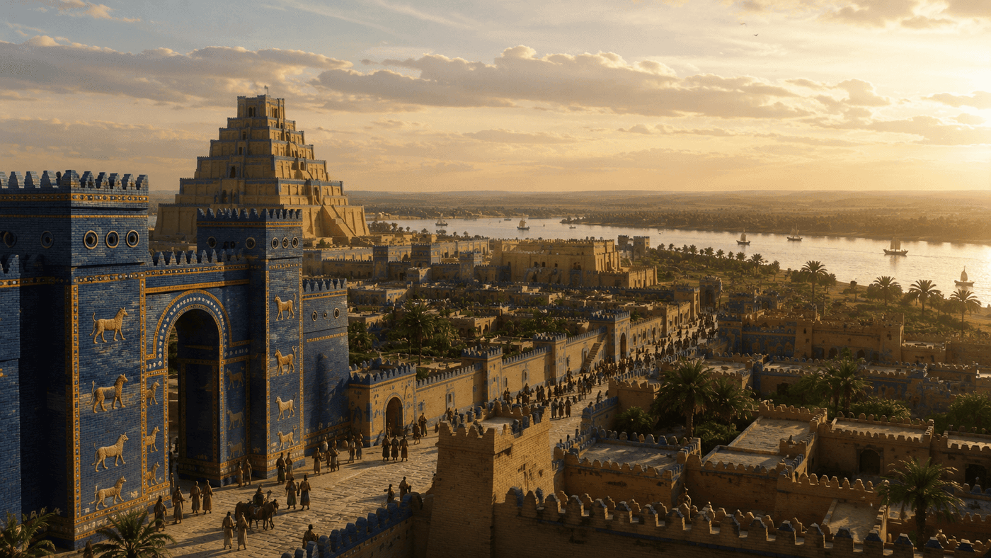 The ancient ruins of Babylon with reconstructed walls and the Euphrates River visible under a vast desert sky