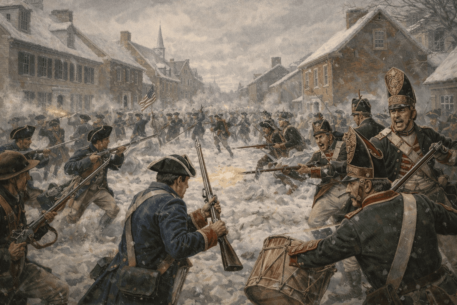 The Battle of Trenton showing Continental Army soldiers attacking through the snowy streets while Hessian forces scramble to defend
