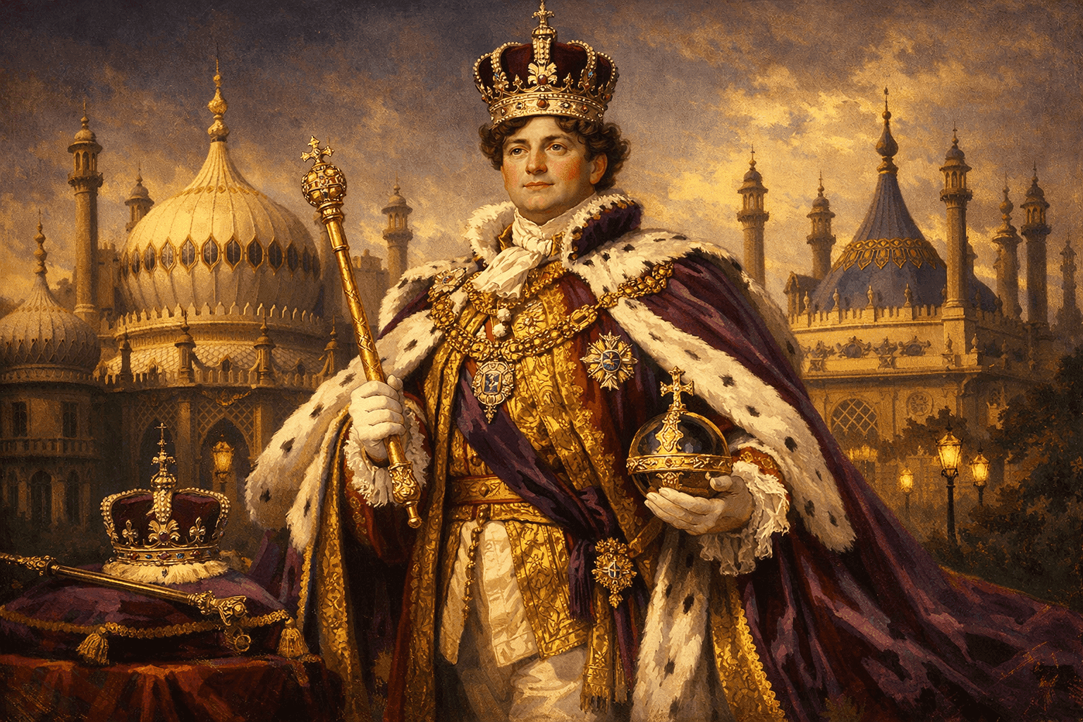 King George IV in elaborate royal coronation robes with the Royal Pavilion at Brighton visible in the background