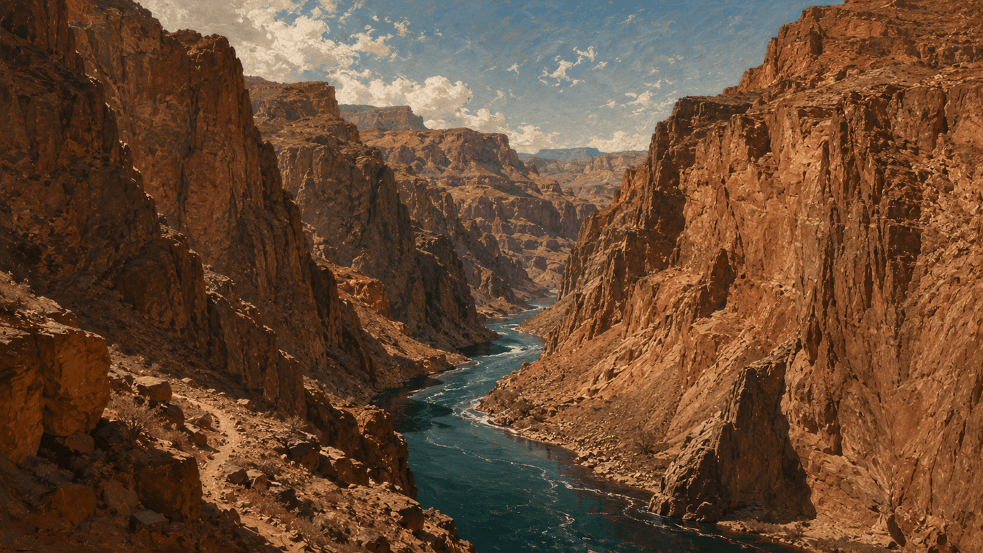 A sweeping painterly landscape of Black Canyon on the Colorado River, sheer red and ochre canyon walls rising above blue-green water under a vast desert sky