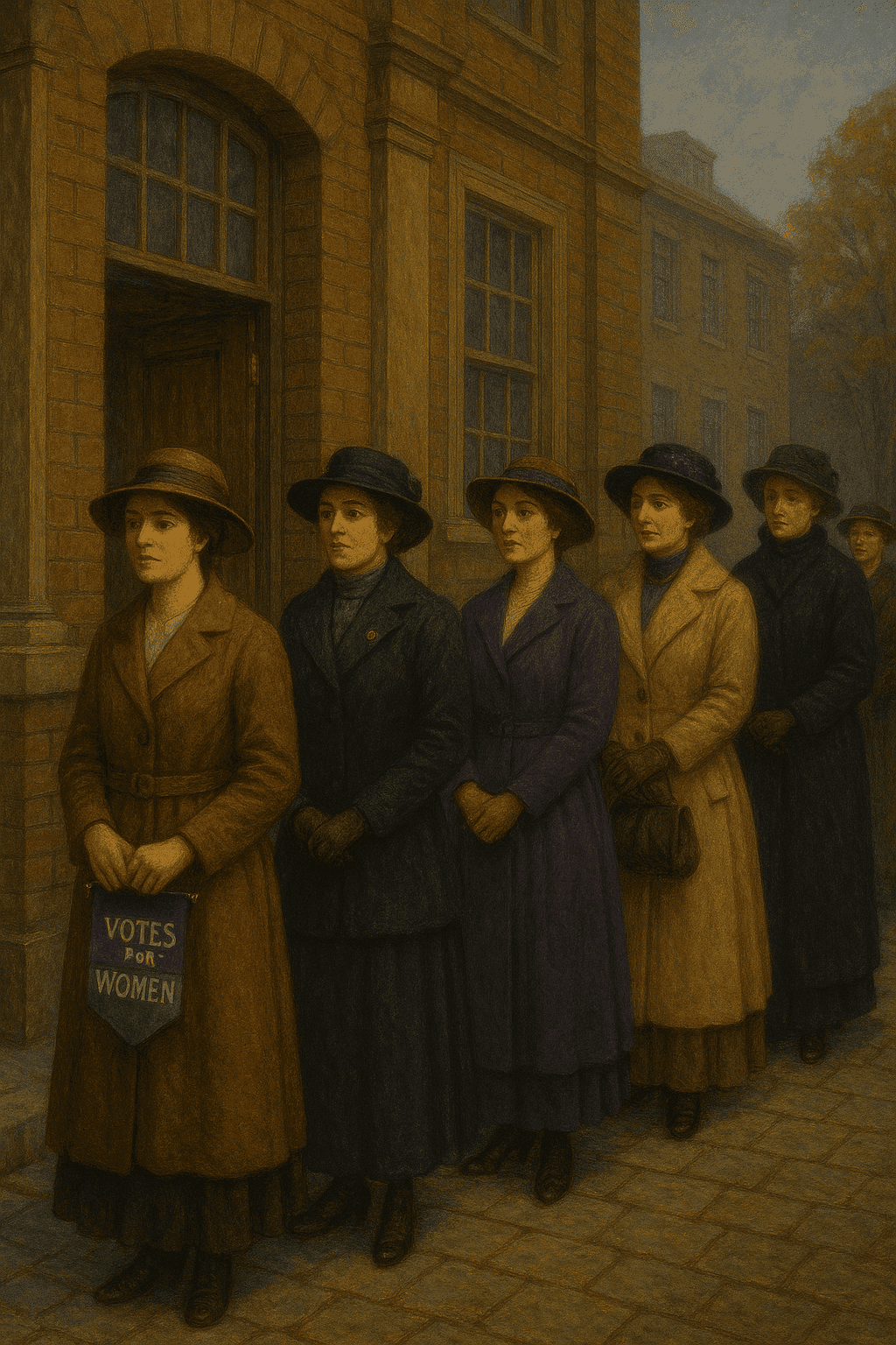 British women of different social classes lined up outside a polling station in 1918, dressed in period attire, some holding suffrage banners, expressing determination and pride