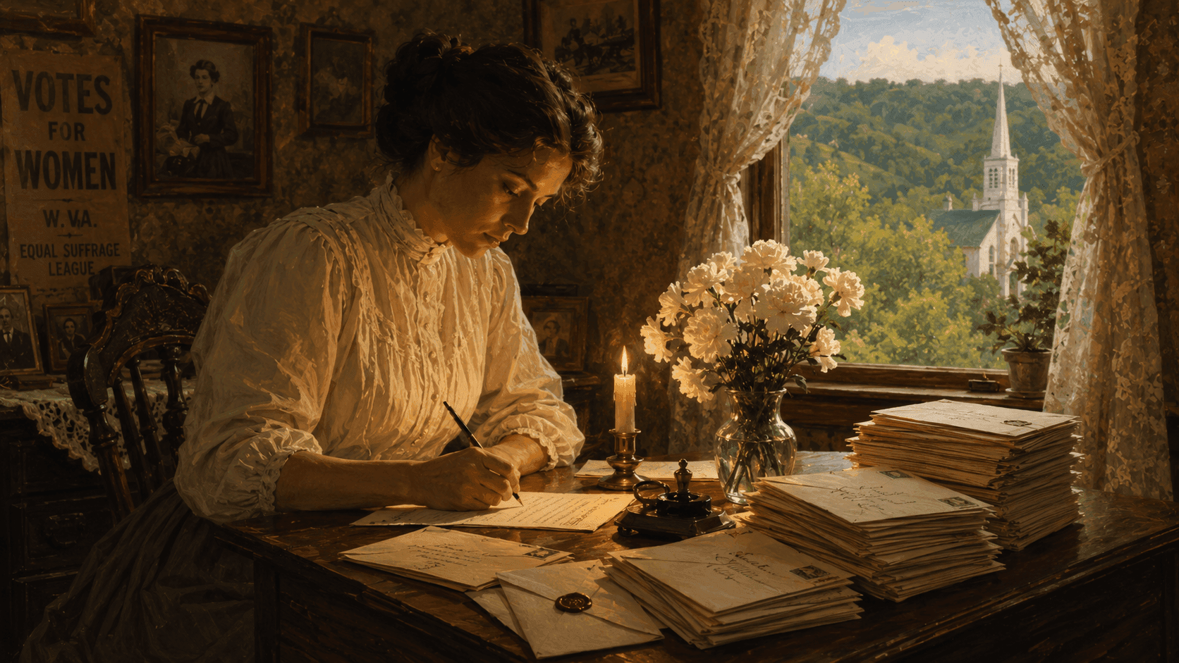 A woman in early 20th century dress holds white carnations — the flower Anna Jarvis chose as the symbol of Mother's Day at its 1908 founding