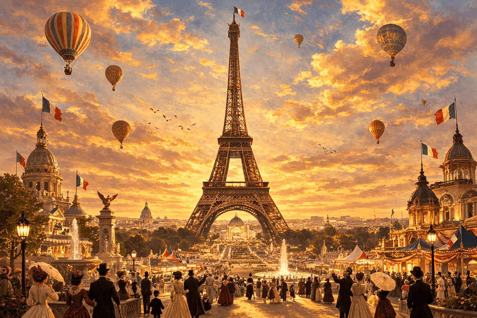 The Eiffel Tower rising above Paris during the 1889 World's Fair Exposition Universelle