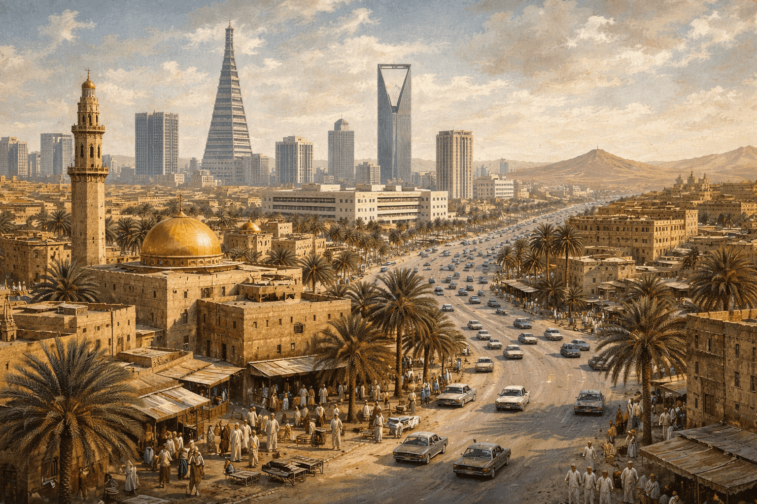 Historical illustration of 1970s Riyadh with Saudi architecture and modernizing Arabian capital cityscape