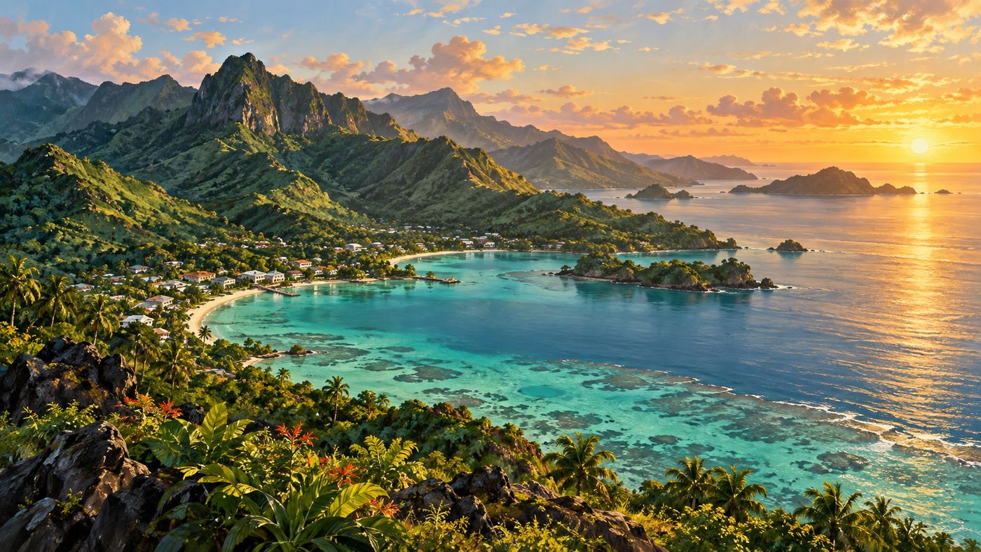 A painterly landscape of the Fijian coastline at dawn — volcanic green hills rising above a turquoise lagoon, a small coastal town visible along the shore, the Pacific horizon glowing gold in the early light