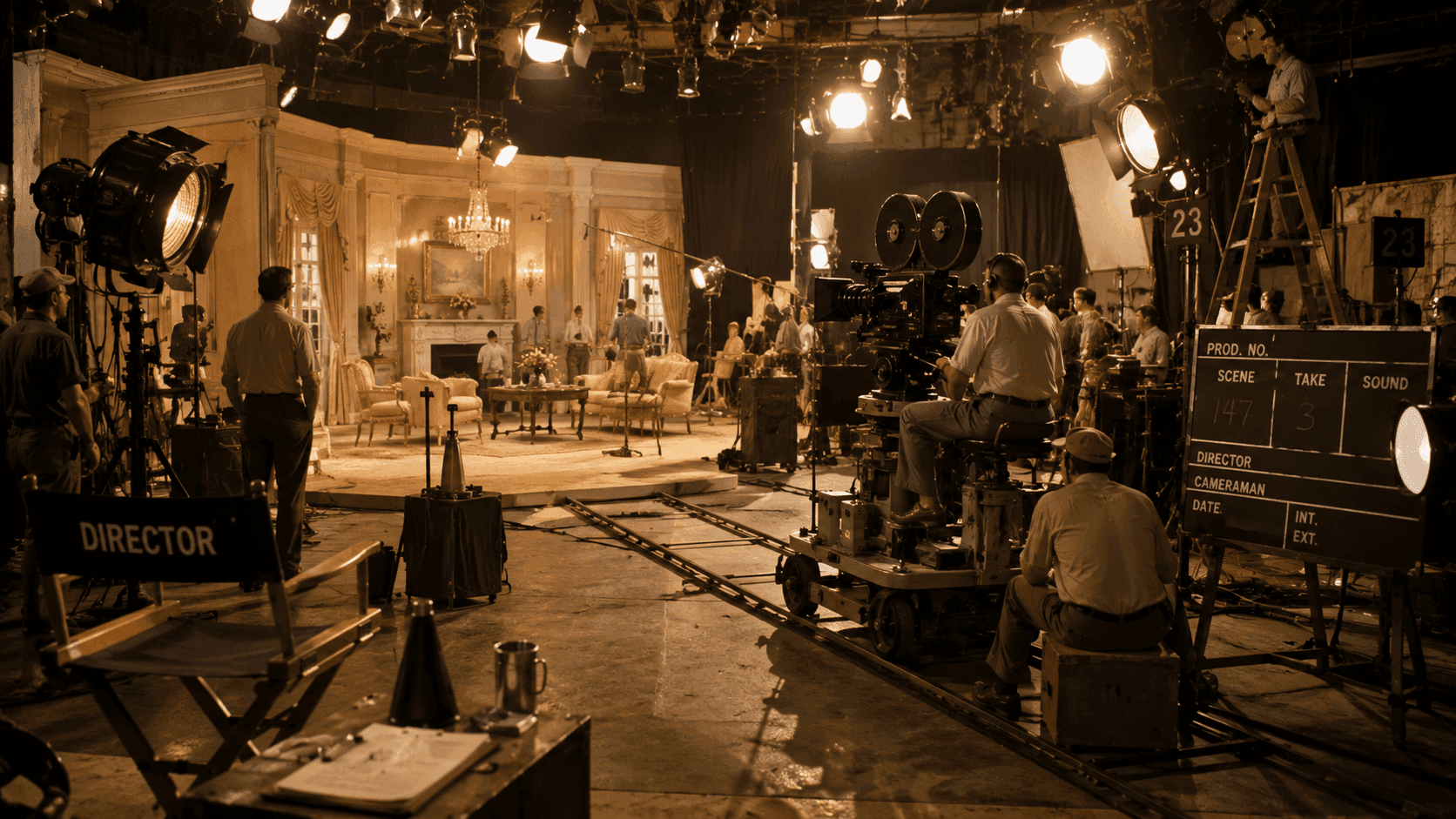 A glamorous 1950s Hollywood film set with bright studio lights a director's chair and a vintage camera on a sound stage
