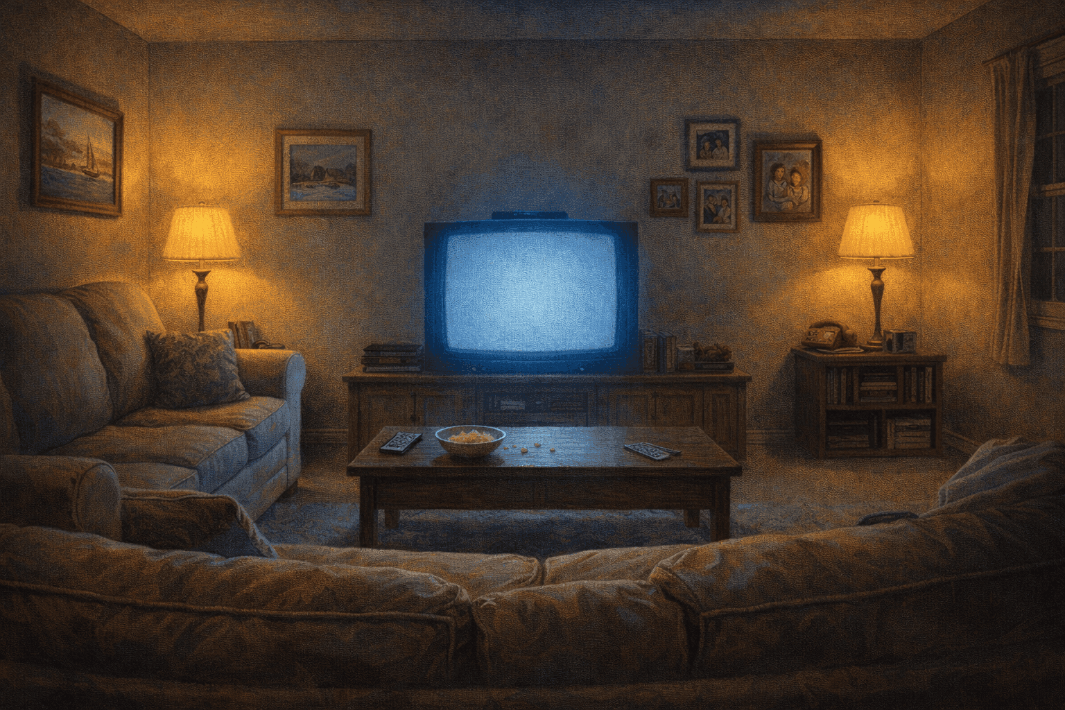 An animated-style suburban American living room with a large television set and a couch in early 1990s style