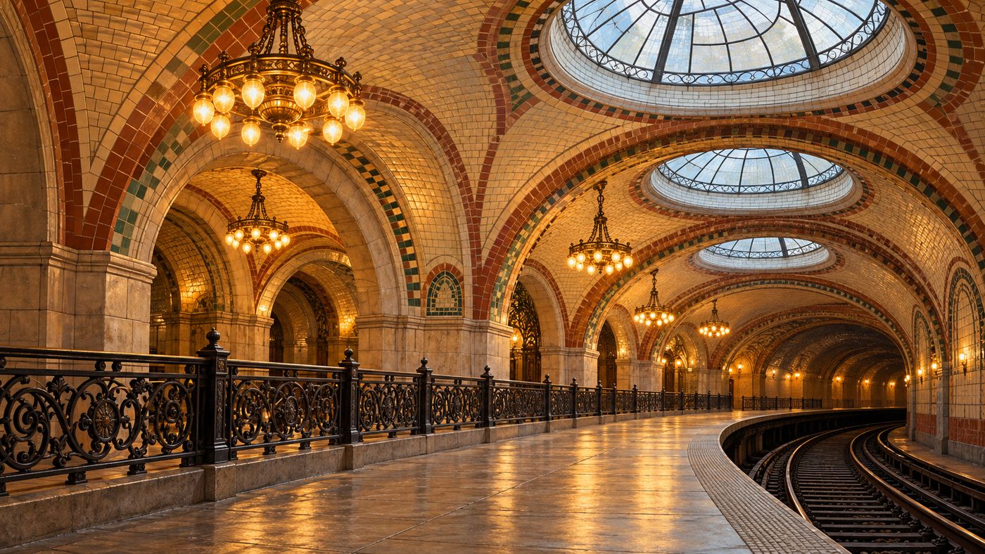 A painterly illustration of the original City Hall subway station interior — a beautiful vaulted space with Guastavino tile arches, brass chandeliers, and skylights letting in pale light, the elegant ironwork of the platforms visible below