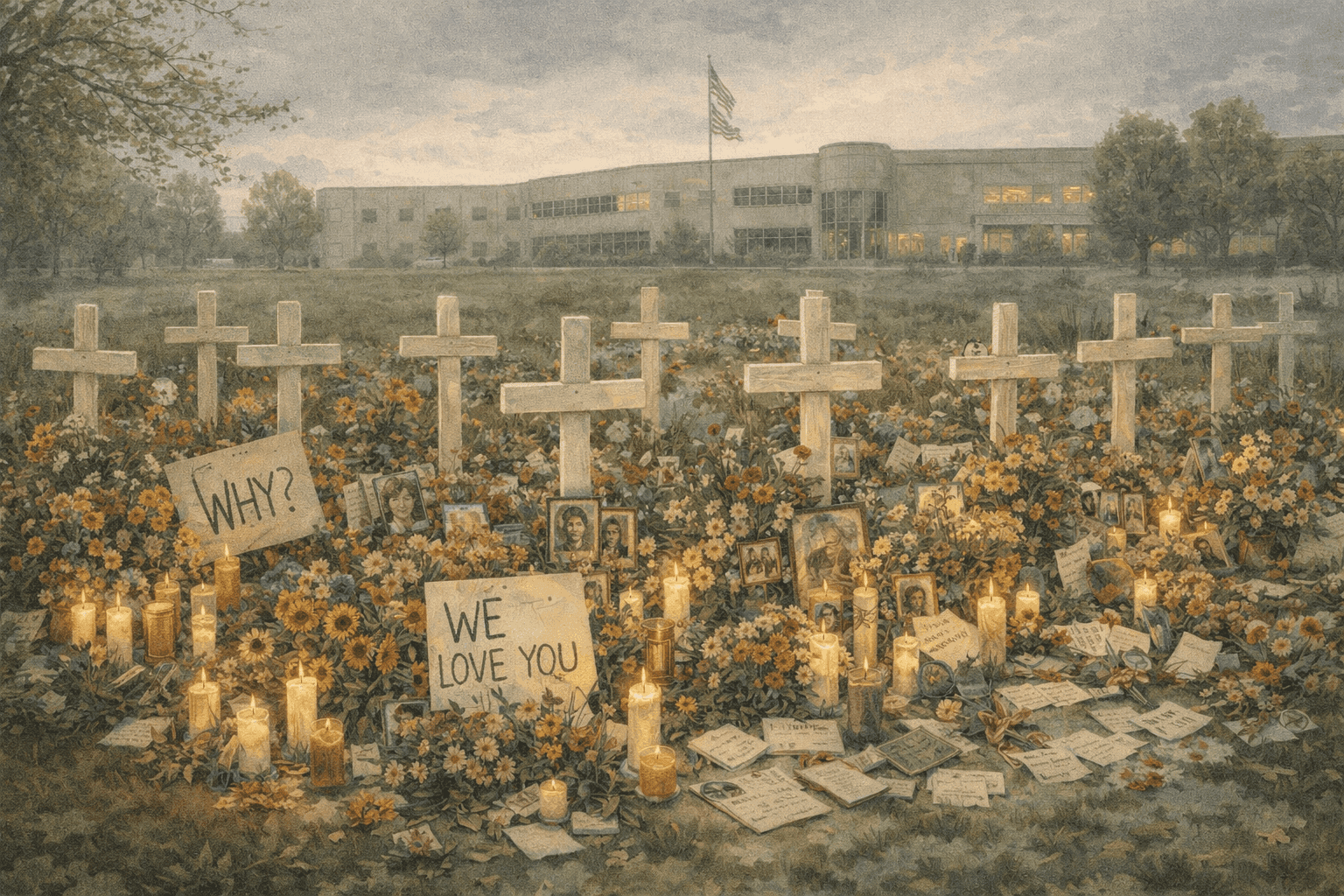 A memorial of flowers, candles, and handwritten notes left at the base of a large wooden cross outside a suburban high school