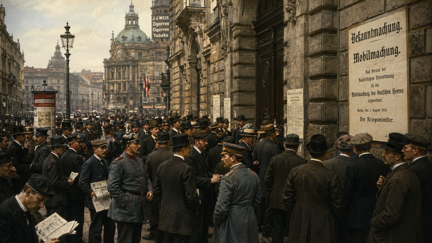 A 1914 European city street with crowds of men in period dress gathered outside a government building, news of war visible on posted notices