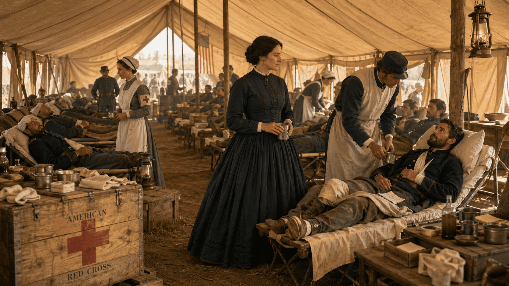A 19th-century Civil War field hospital tent with medical workers and patients in the background