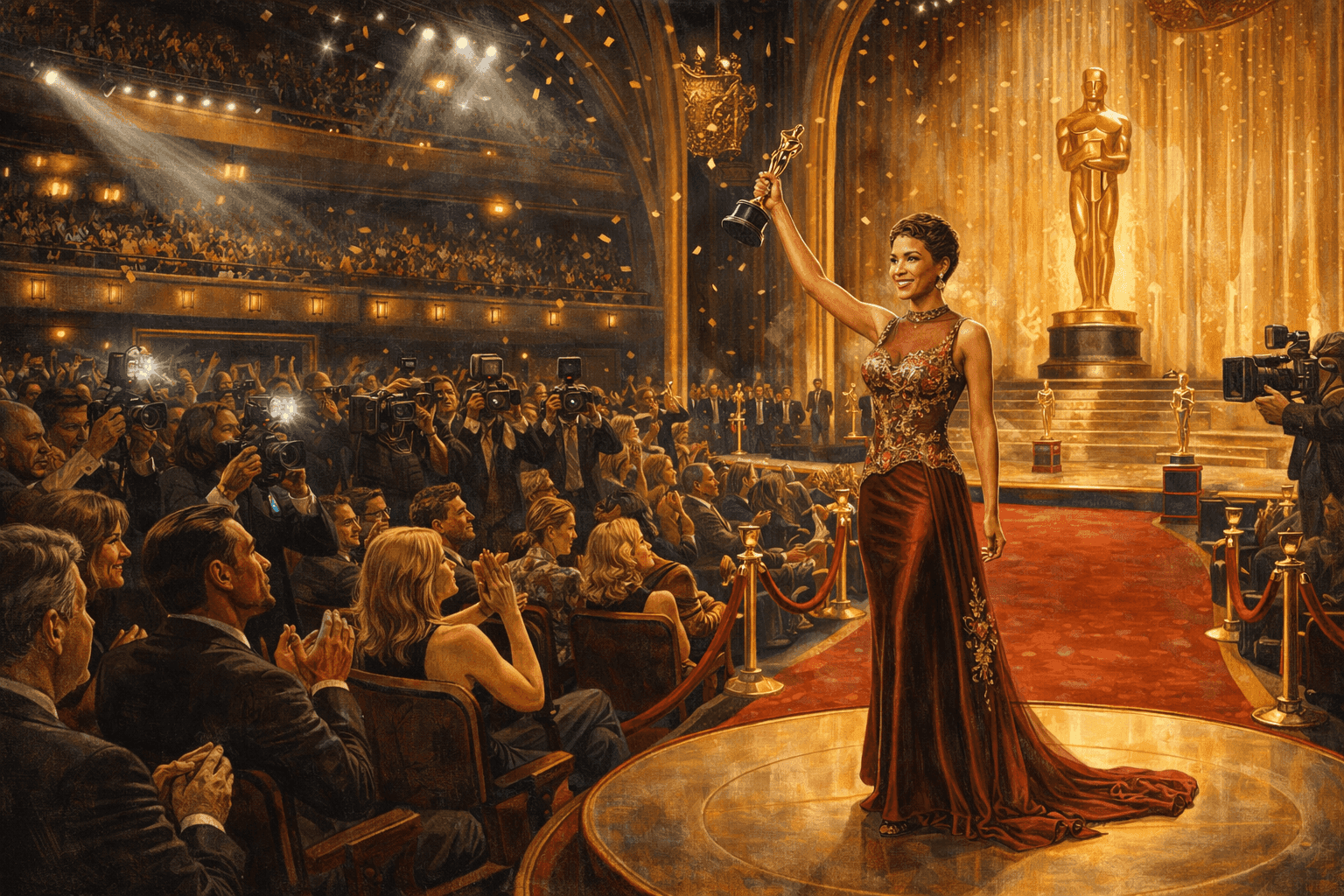 Historical illustration of Academy Awards ceremony at Kodak Theatre with glamorous Hollywood atmosphere