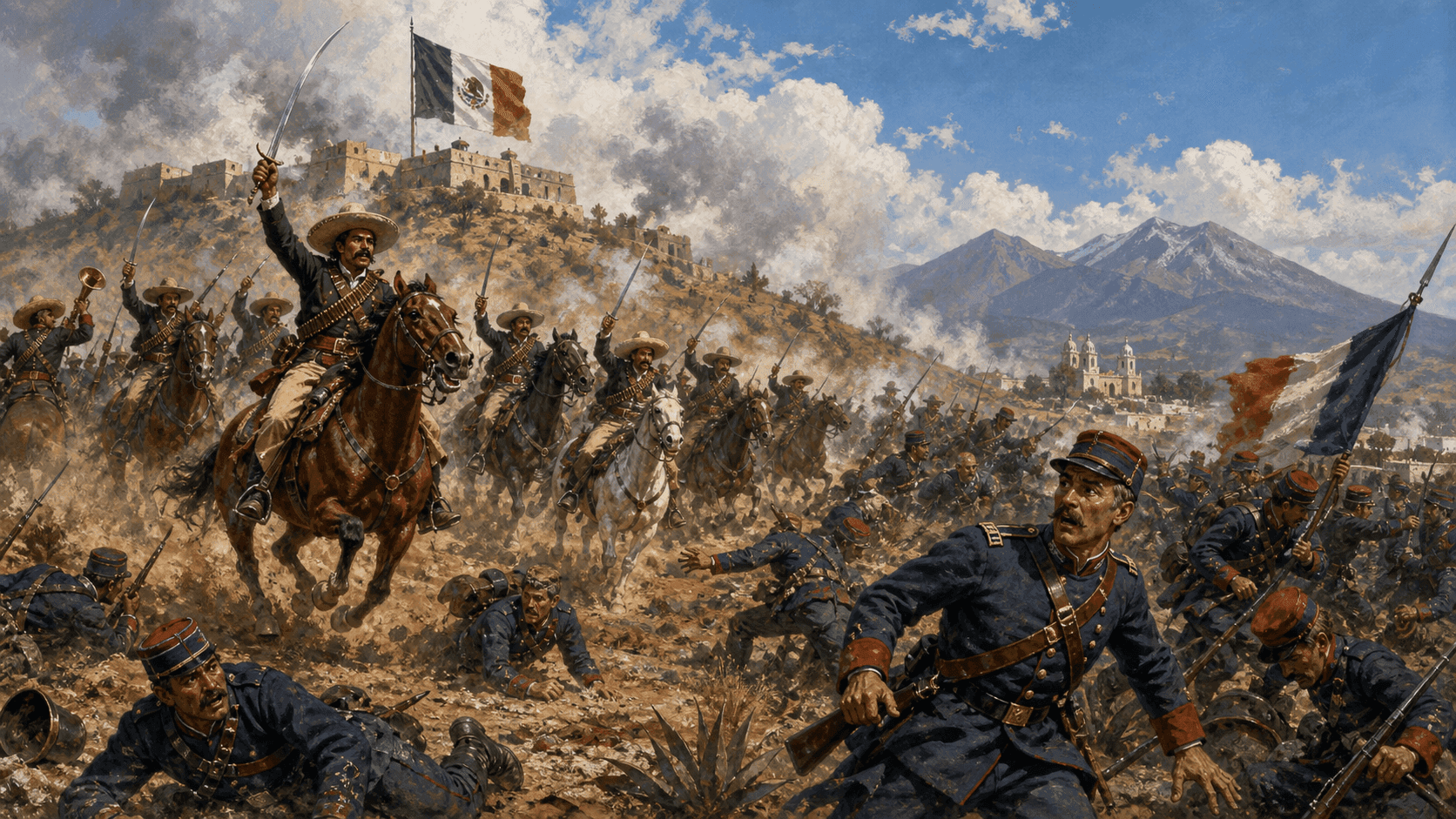 Historical illustration of the Battle of Puebla, May 5, 1862, showing Mexican forces defending the hilltop forts against French imperial troops