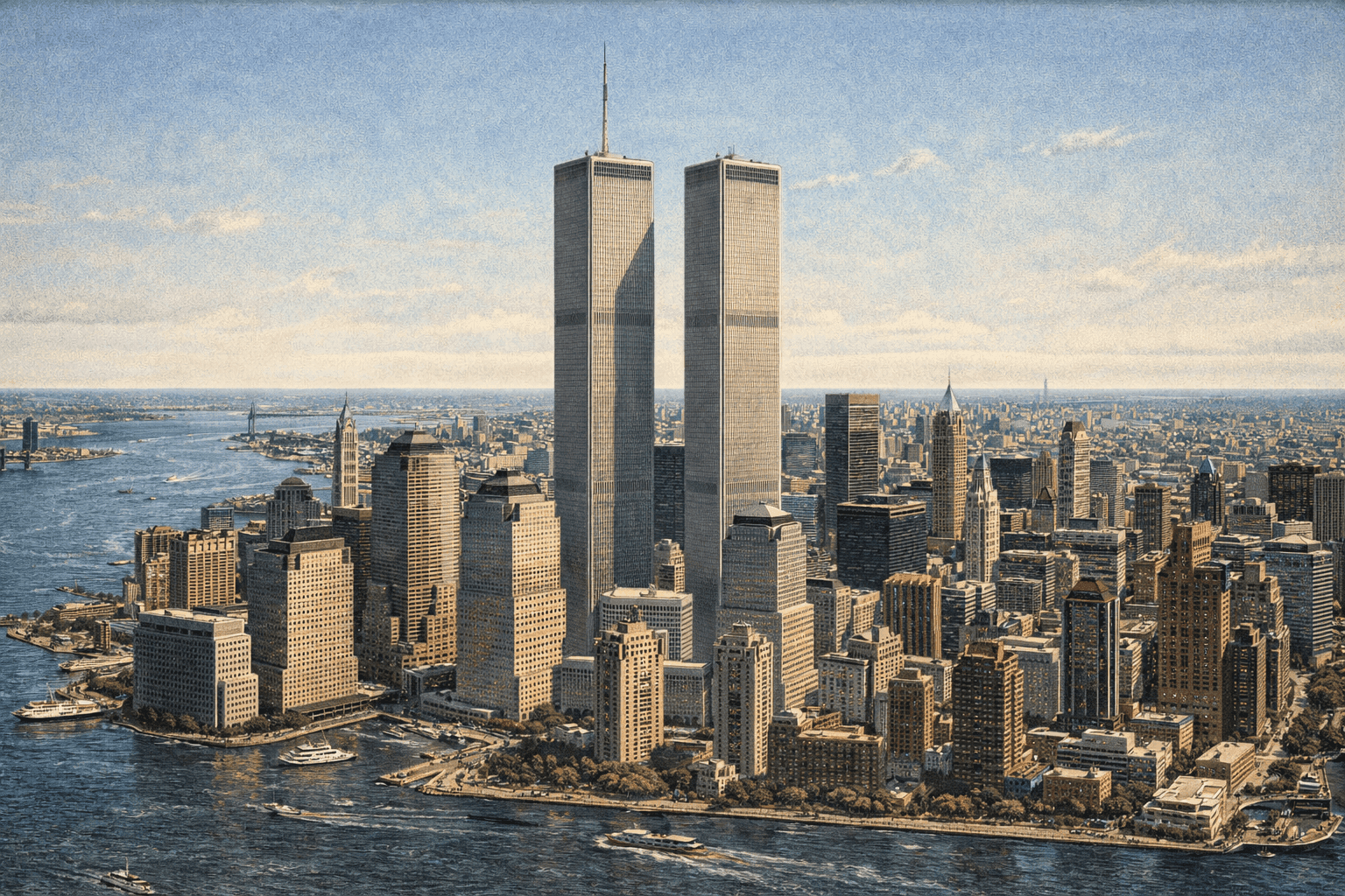 Historical illustration of World Trade Center towers in 1990s New York City skyline