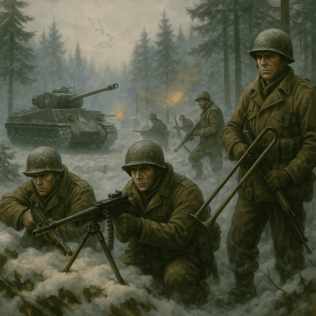 American soldiers in winter gear taking defensive positions in snowy Ardennes Forest with tanks and artillery visible, fog and pine trees creating an atmospheric battlefield scene